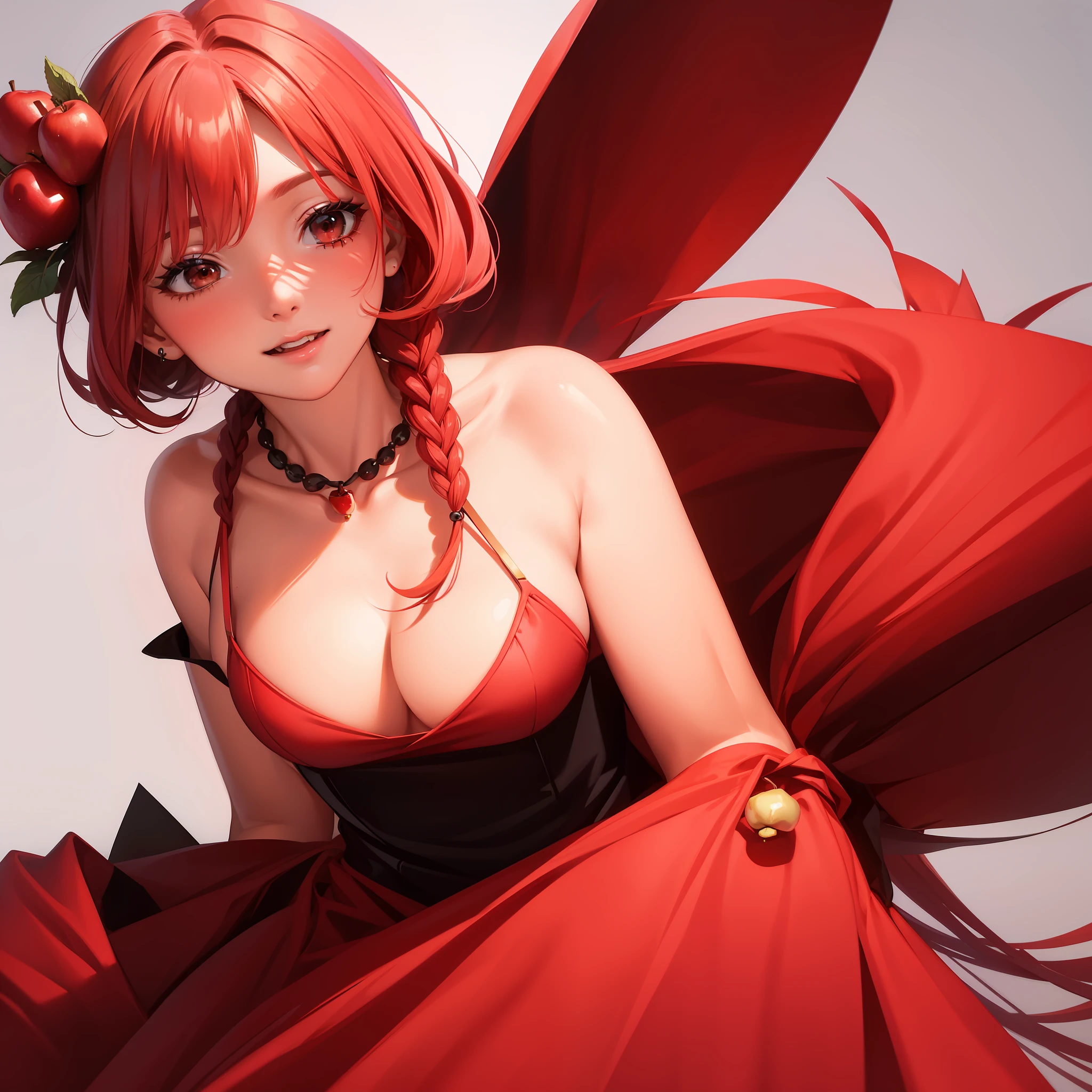 Masterpiece, (1 female: 1.8), personification of apples, pink skin, red hair, black mesh, summer meadow, red dress, small necklace, teeth, Ghibli, cleavage,