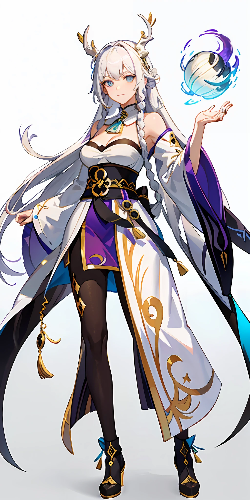 (Top Quality, Masterpiece, White Background), White Hair, (Genshin 1.4), Braided, (Arabic Costume 1.4), (Smile 1.1), Genshin, Odd Eye, Blue-Green Eyes, Purple Eyes, (White Deer Horns 1.4), Sunglasses on Head, Sister, (M Bang 1.2), Mysterious, (Colossal 1.4), Cleavage, (Tights 1.2), Long Bangs, Lightning, Purple Jewels, (Spears 1.1), (Detailed Face 1.4), ( Calm Woman 1.1), (Black Clothes 1.1), (Sauce Eyes 1.4), (Full Body 1.4)