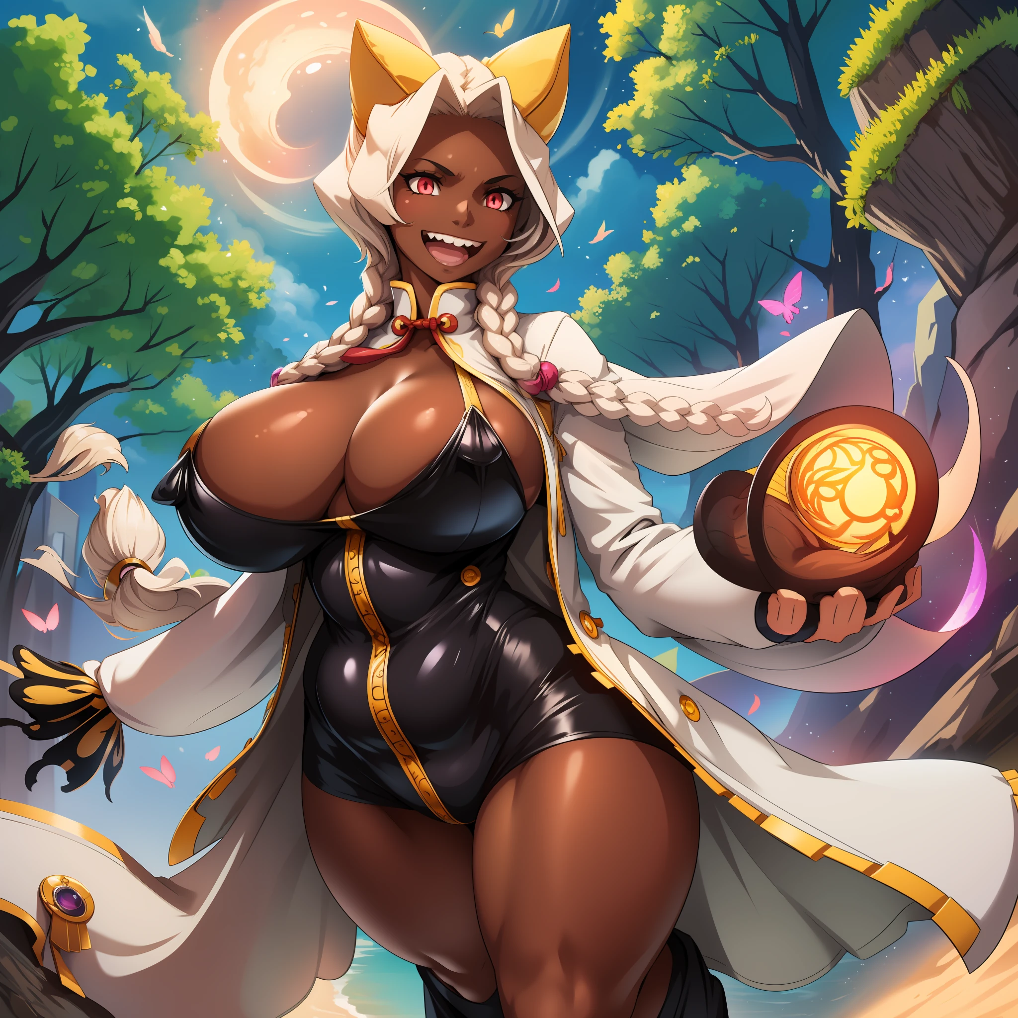 huge chest, curved, female, fantasyHere is a cartoon picture of a woman with a very large chest, , vest, pants, black hair, sacred aura, inspired by Luma Red, the non-binary deity of spring, ethereal rainbow nimbus, the butterfly goddess of fire, inspired by Marie Angel, will have shining around her, like the sun goddess, "uwu the prismatic person, big breast, happy, beautiful eyes, , full body, walking, long dress, long dre, nun, priestess, saint, body of venus, bent, huge chest, forest, walking, smile, sharp teeth, black coats, coat,dark skinned, twinbraidsbrow hair,very brow hair,red eyes, cat ears,two arms, black body suit, pantyhose,vest