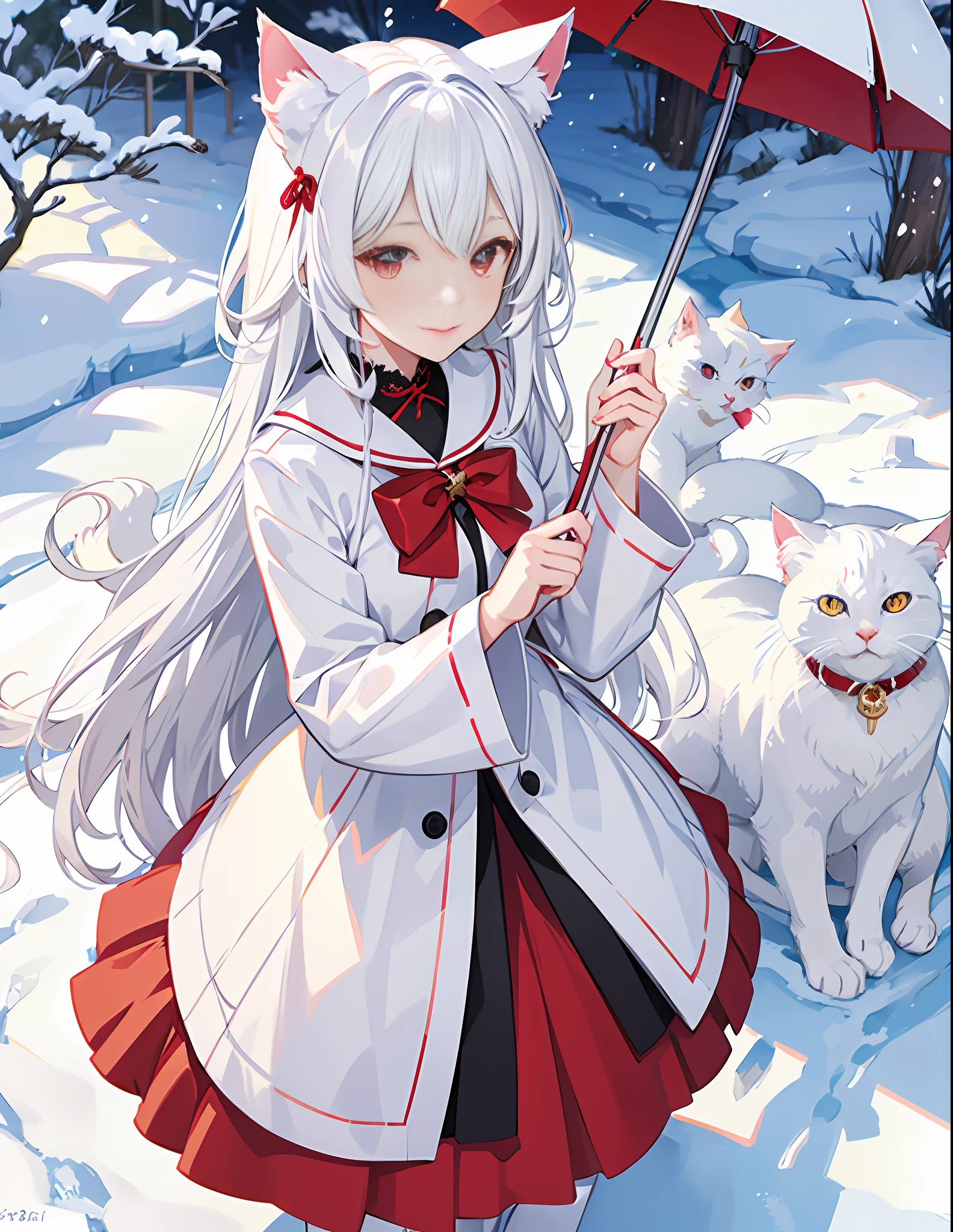 White hair, anime, shoujo, shrine, white cat ears, red witch costume, snow, red umbrella, red eyes, snow, white stockings