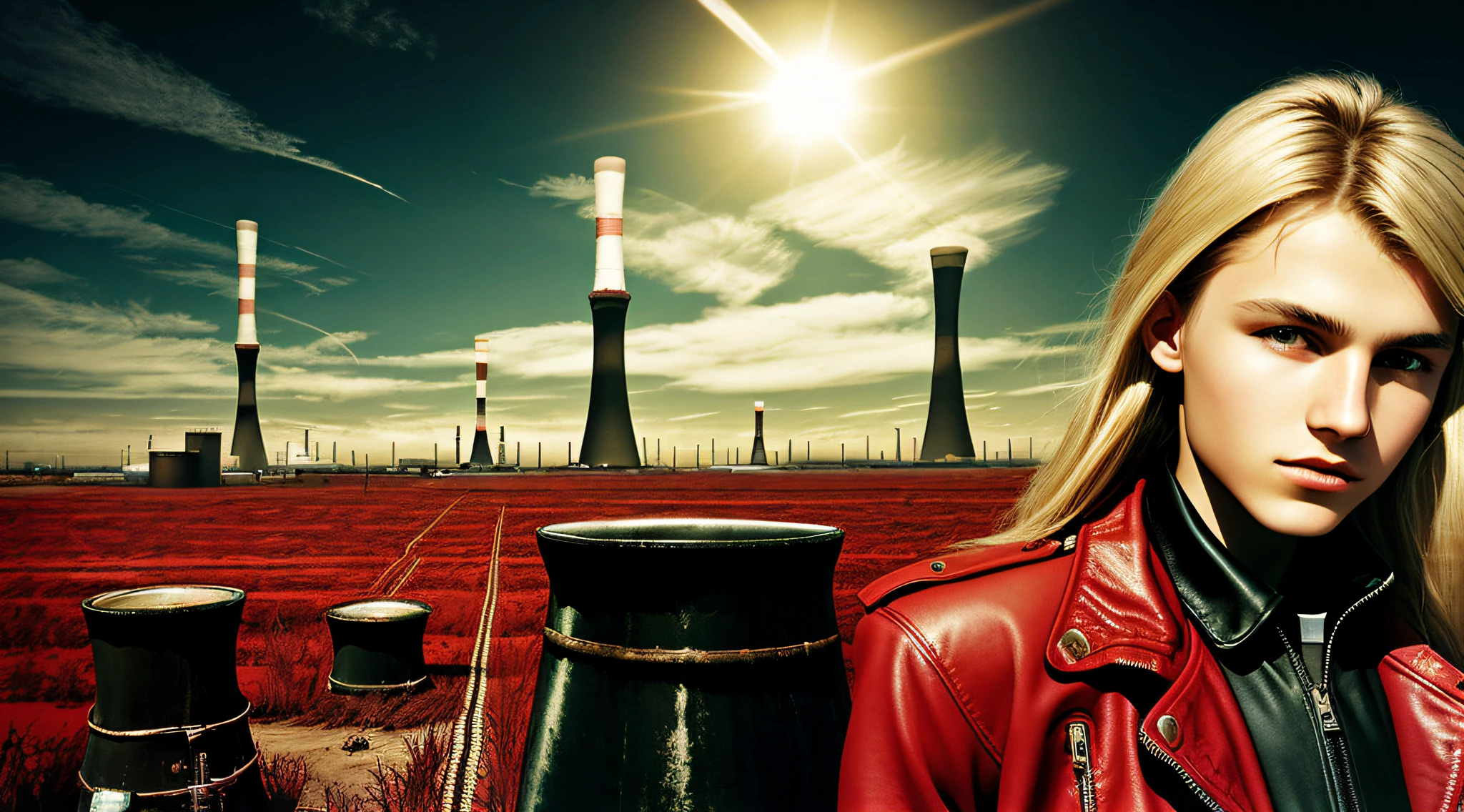 BOYS , CLOSE UP, WITH LONG BLONDE HAIR, WITH RED LEATHER JACKETS AND BLACK CLOTHING, nuclear power plant with radioactive barrels in a field, nuclear wasteland, nuclear waste, post-nuclear fallout, future of nuclear energy, nuclear fallout, radioactive wasteland, nuclear power, nuclear power, nuclear reactor, nuclear aftermath, post-nuclear, nuclear power plant, nuclear, radioactive particles, nuclear art, toxic waste, polluted, radioactive peak field, pollution