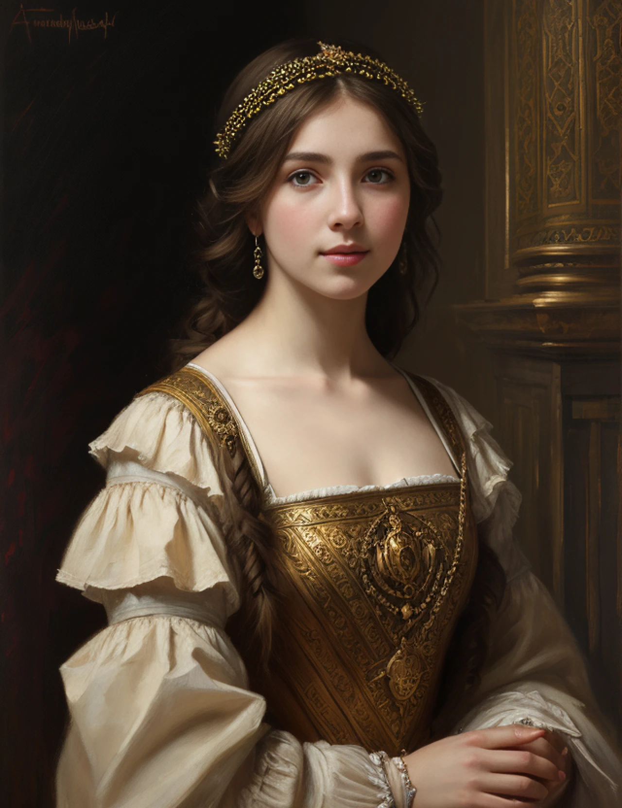 portrait, girl, middle ages, classicism, andrey atroshenko style, painting, traditional media, realistic, figurative, fine art, oil on canvas, HDR, 8K, original character, high resolution, high detail, focus on the face