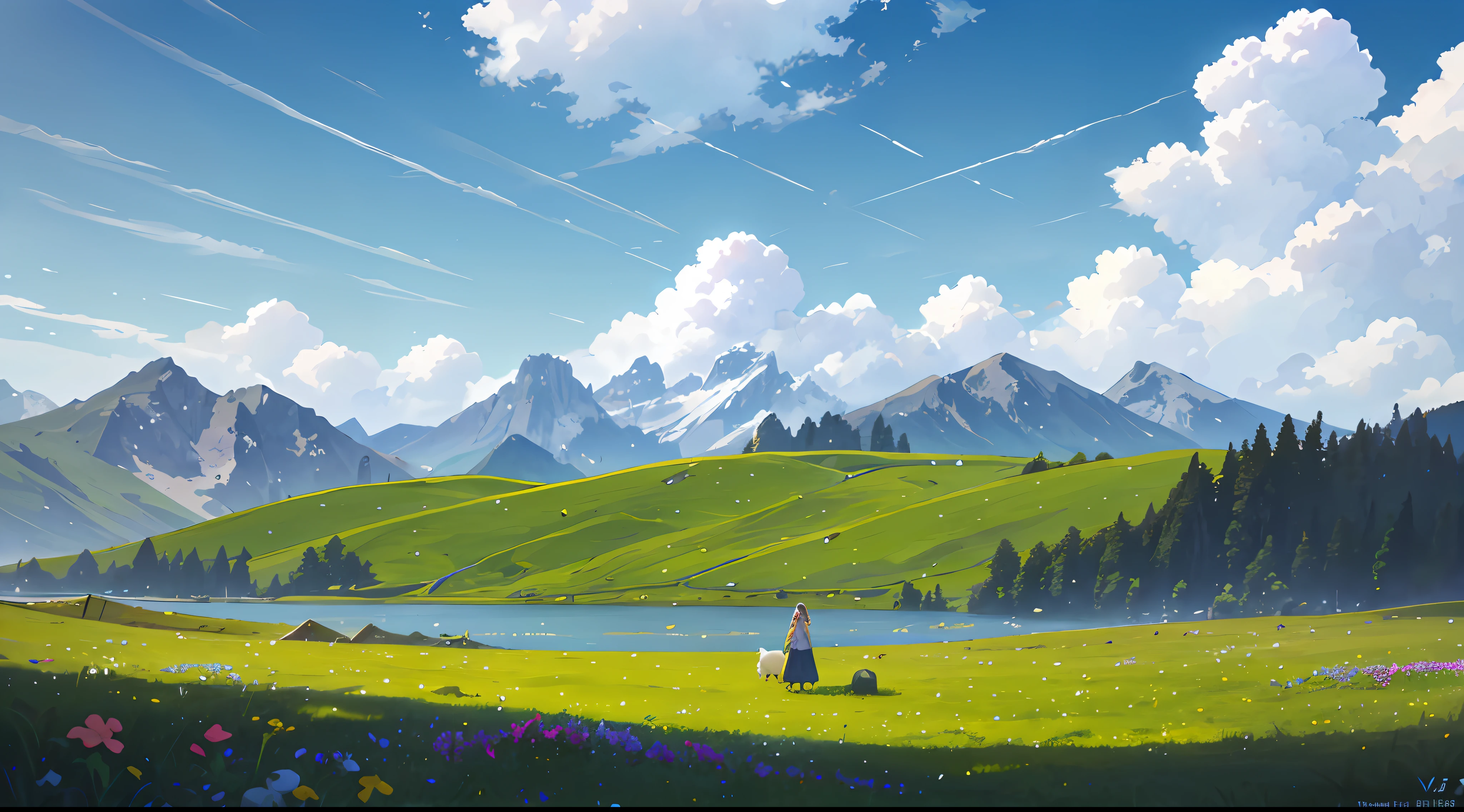 Summer, meadows, few small flowers, clear lakes, sheep, heaven, large clouds, blue sky, hot weather, HD detail, wet watermark, hyper-detail, cinematic, surrealism, soft light, deep field focus bokeh, distant view is snowy mountains, ray tracing, and surrealism. --v6