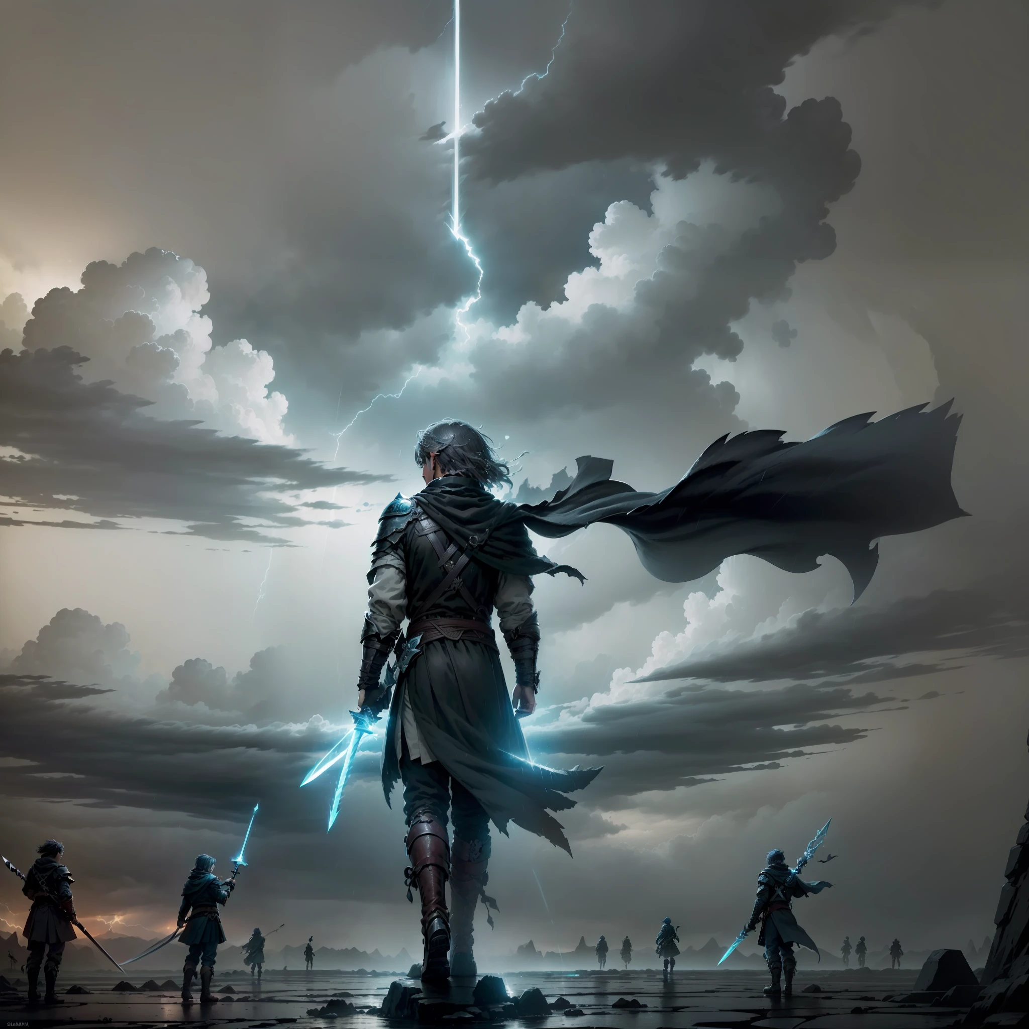 (advanced image quality + calm CG picture), (fine light and shadow expression, keen on the collision between wind and sword), (shooting angle away from the crowd, the protagonist and the ink bird with their backs to the camera), a lonely swordsman, (dressed in black, holding a gray sword, stepping on a black rock), (eyebrows showing loneliness and determination), (scale and details other than the sword are reduced), (in the rainstorm, lightning splits the night sky, thunder resounds the battlefield, splashes of water, clothes flutter, carrying figures), the blade of the sword cuts the sky in flashes and splashing rain, Fight for loneliness, for cruelty, for the world.