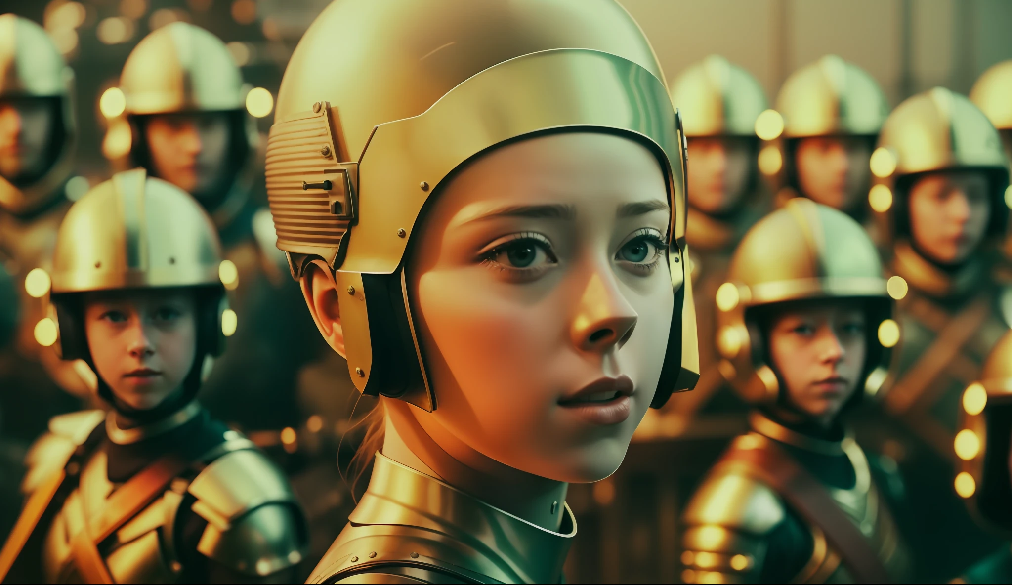 a woman (Mina Sundwall) in a helmet in front of a group of people dressed in armor and helmets, a color photo by Galen Dara, cgsociety, retrofuturism, futuristic, reimagined by light and industrial magic, 1970s