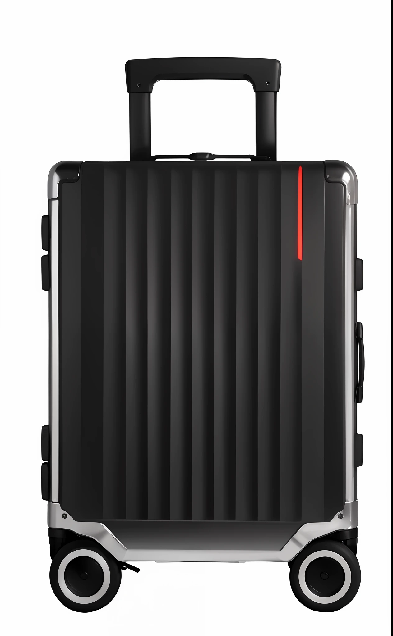 White background with suitcase close-up, 360º, trunk, vertical stripes, chrome, aluminum alloy, black matte metal, highlight, 8k, super high quality, realistic,