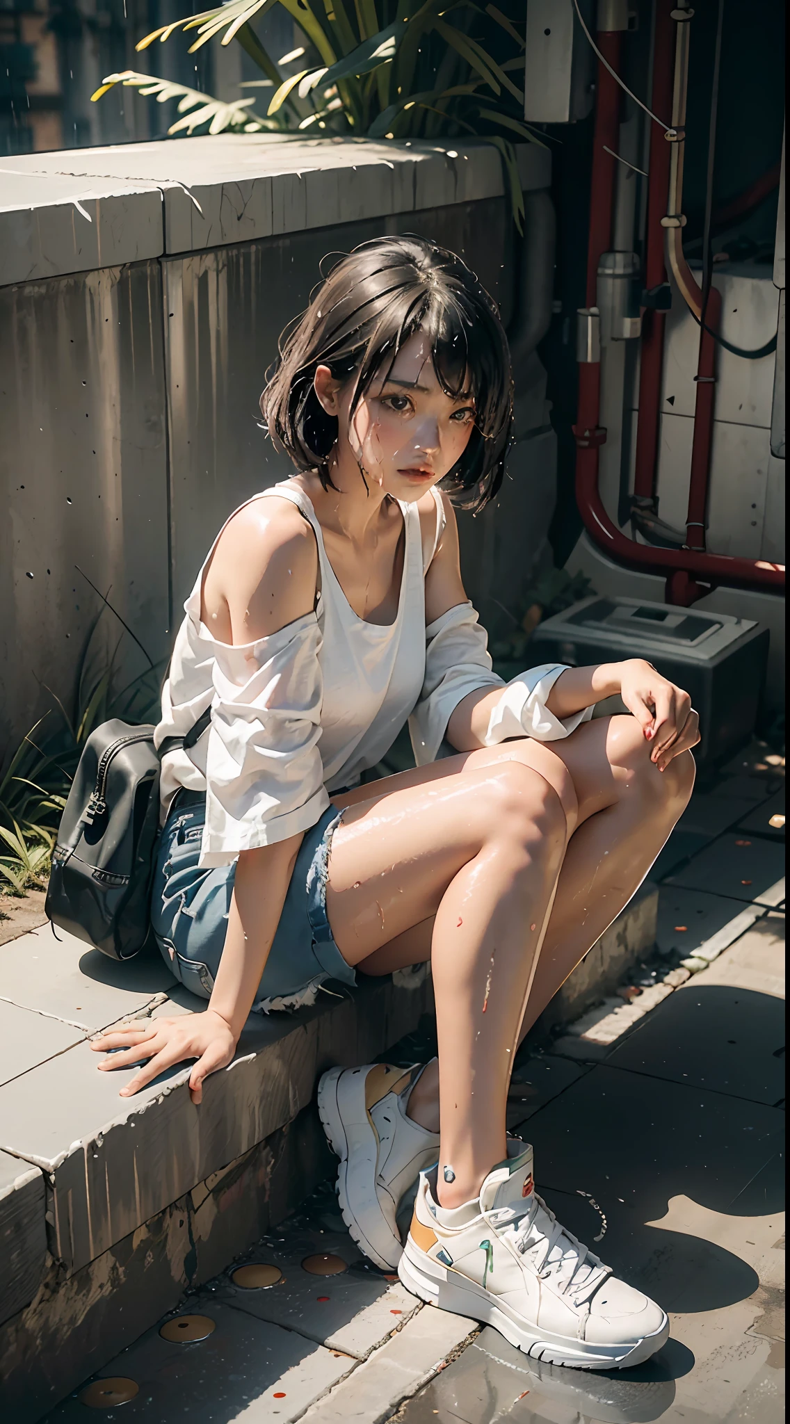 best quality, masterpiece, super high resolution, (fidelity: 1.4), Photos, 1 mecha girl, white shirt, torn denim shorts, white sneakers, dim, dark, despair, pity, pitiful, movie, tears, teardrops, (torn clothes: 1.5), (wet clothes: 1.4), bare shoulders, real rain, wet hair, ruins, mecha, chariot, mechanical arms, mechanical blood vessels, mechanical legs, mechanical stomach, sitting on the ground, hands apart, ground area water, big