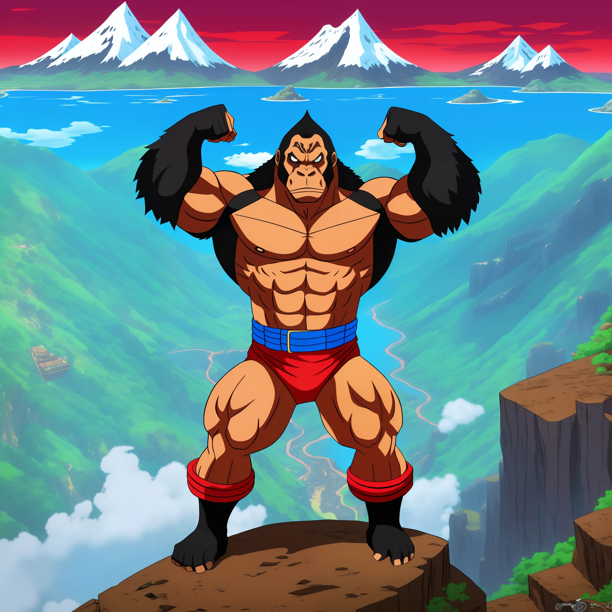 Gorilla muscle,on top of a mountain,with a red belt,mink one piece style,detailed cartoon,black,intimidating posture