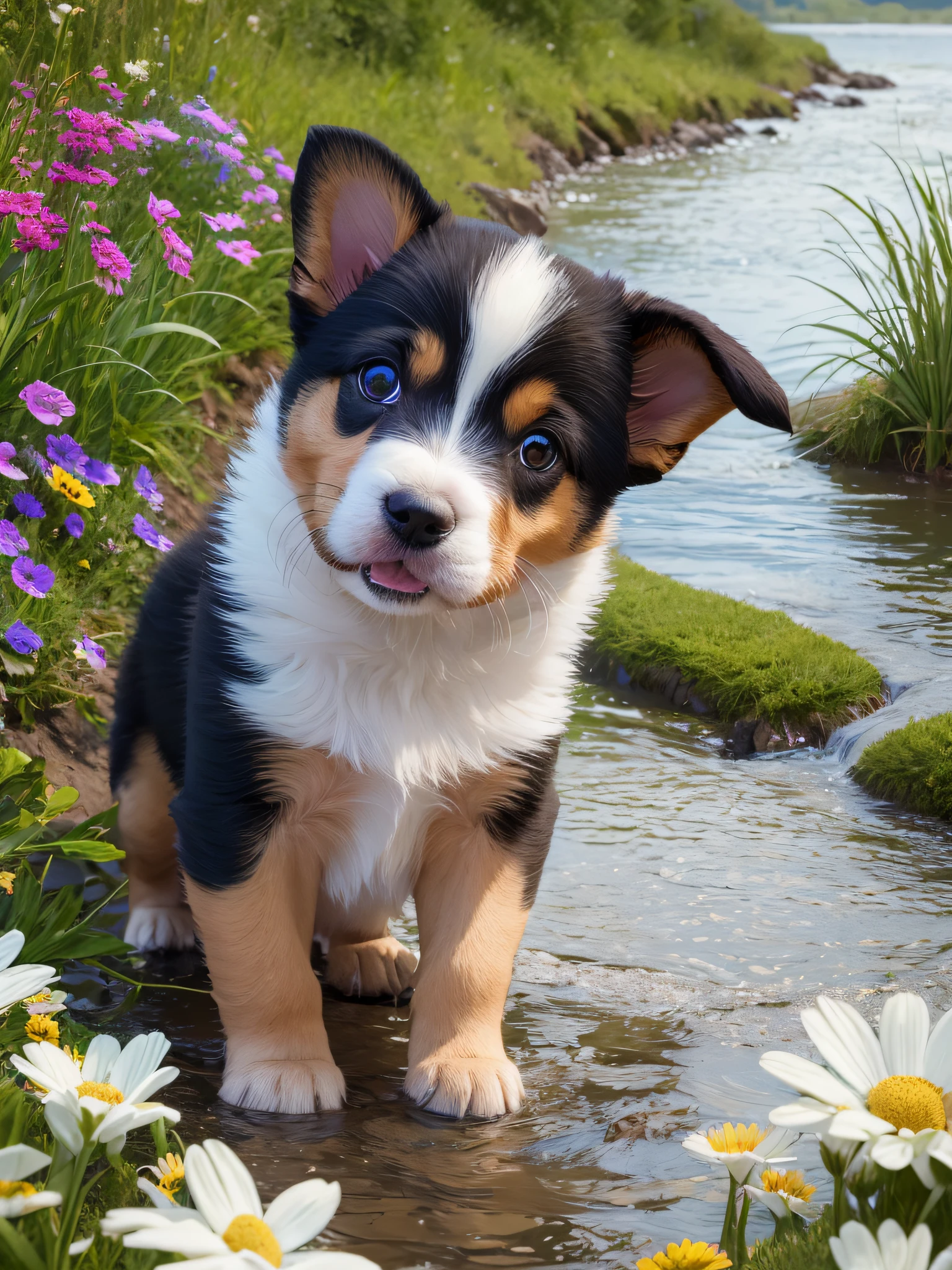 Puppy, changed play by the river, masterpiece, 8k, high resolution, highest texture, smiling face, real flowers on background --auto --s2