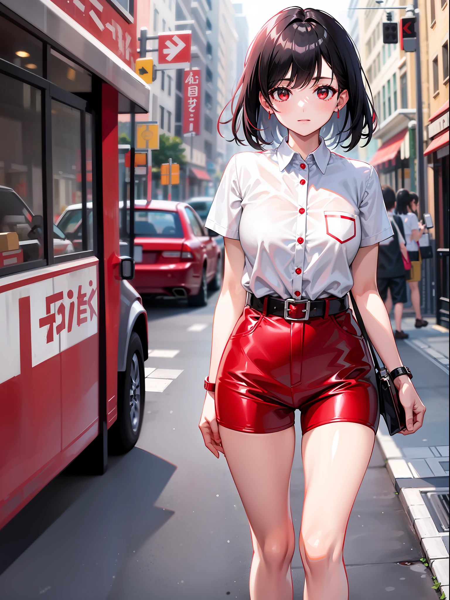 Black hair short, short red clothes with white collar sleeves, red shorts, white waist belt, white shoes, girl, outdoor