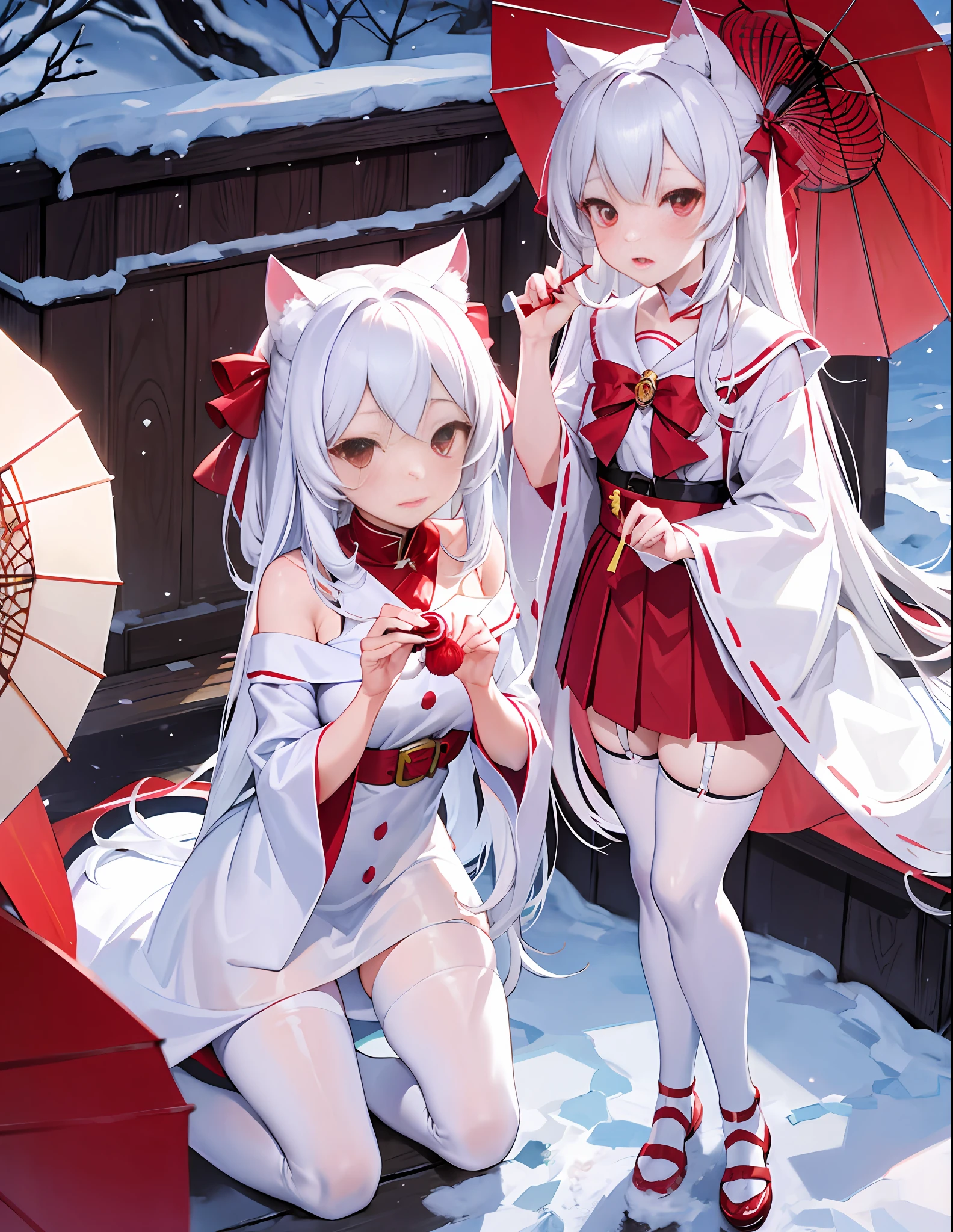 White hair, anime, shoujo, shrine, white cat ears, red witch costume, snow, red umbrella, red eyes, snow, white stockings