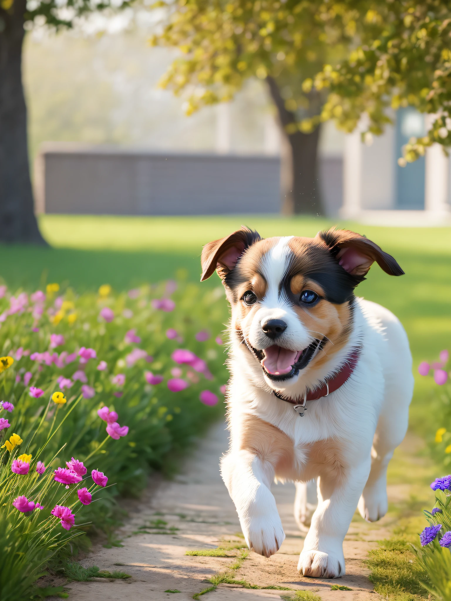 Puppy, Running happily on riverside lawn, masterpiece, 8k, high resolution, highest texture, smiling face, real flowers on background --auto --s2