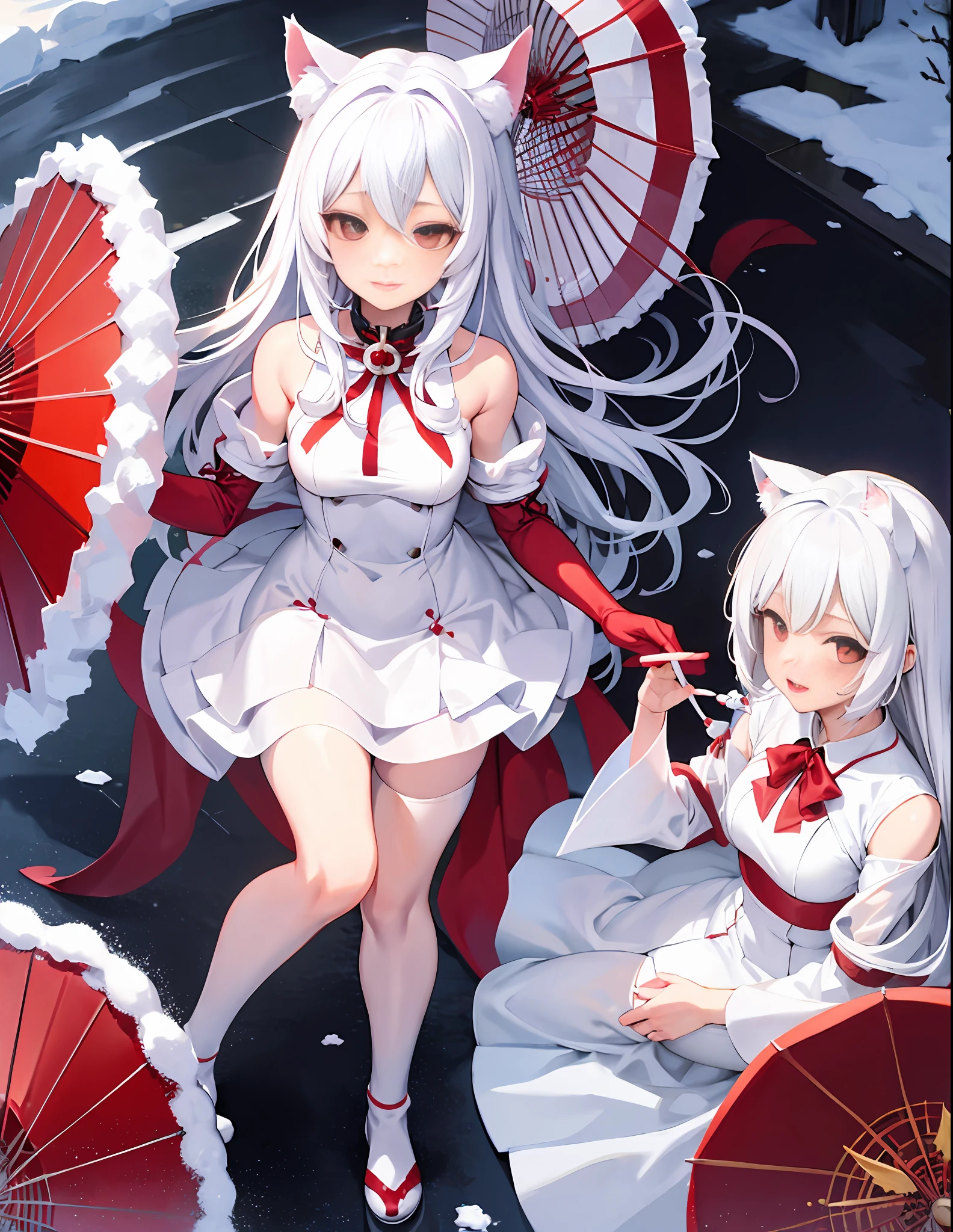 White hair, anime, shoujo, shrine, white cat ears, red witch costume, snow, red umbrella, red eyes, snow, white stockings