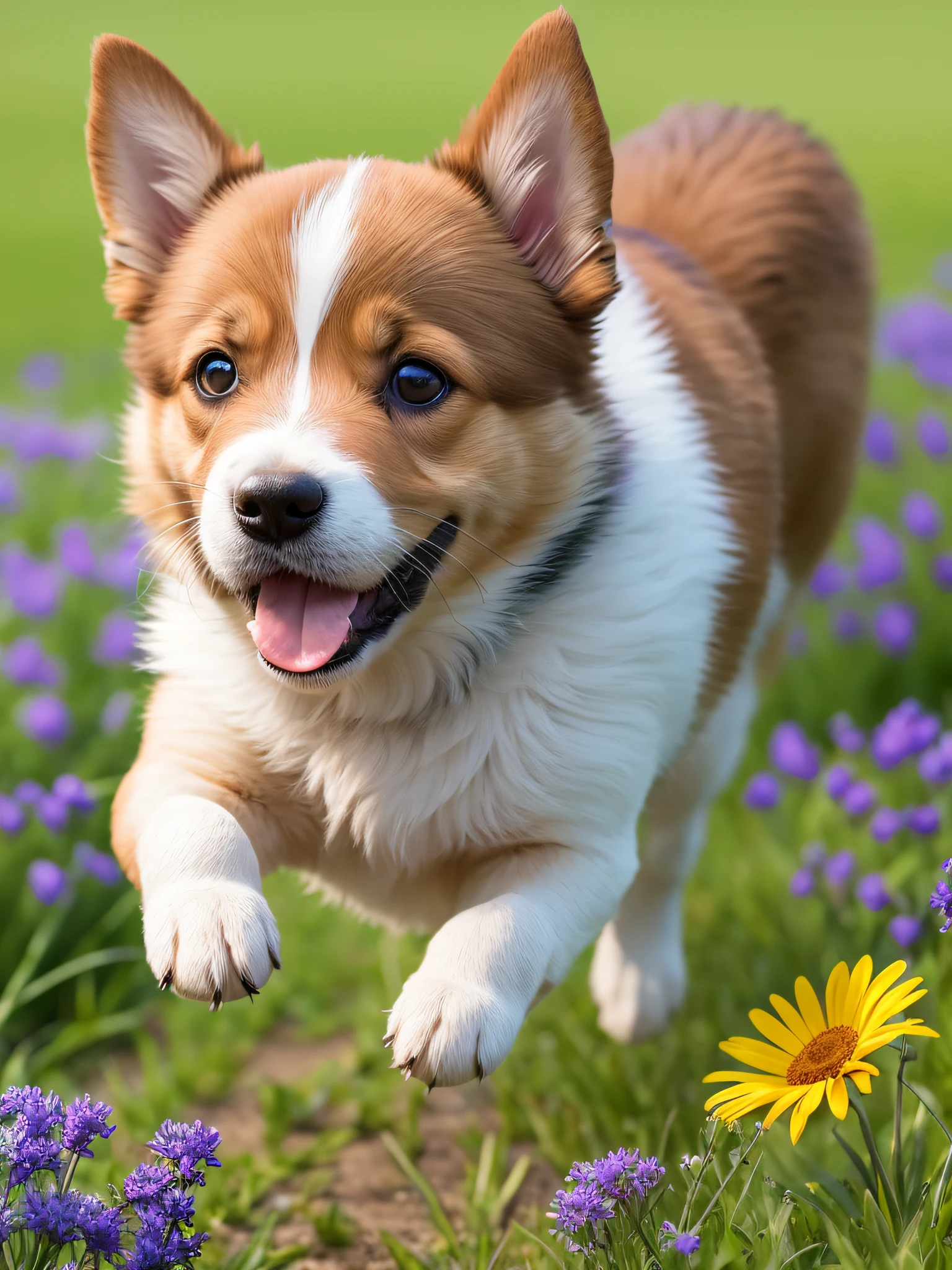 Puppy, Running happily on riverside lawn, masterpiece, 8k, high resolution, highest texture, smiling face, real flowers on background --auto --s2