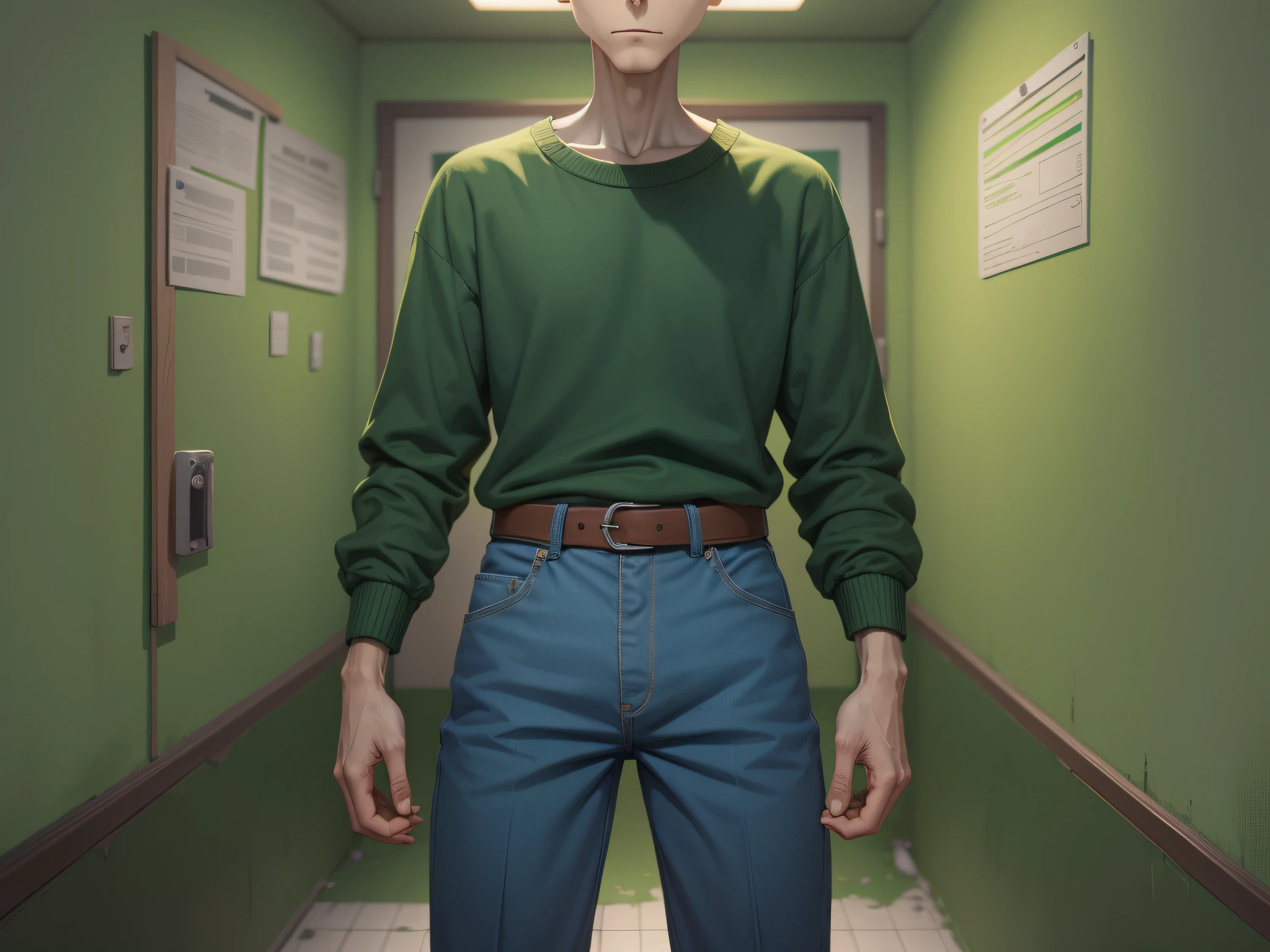 baldi's basics, alone, one person, bald, tall and thin, blue pants, bald, with only one hair on his head, brown shoe, green sweater, a tall ruler in his hand, human body, young