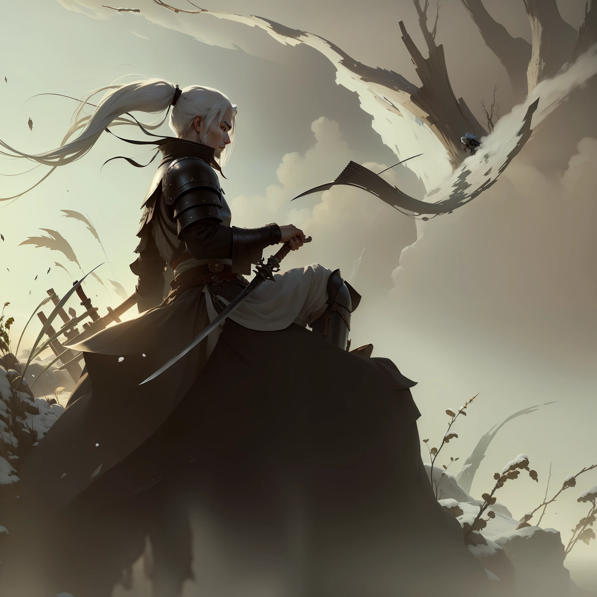 ((Best quality, masterpiece)), calm and calm, (1 male character), (snow-white hair) + (sword + shield) + black leather armor, (wushu + bushido: 1.2 + chivalric feelings: 1.2), solitary rivers and lakes, misty, grim, Optimus One Pillar, dark clouds, side face chopping wind, quiet and invincible