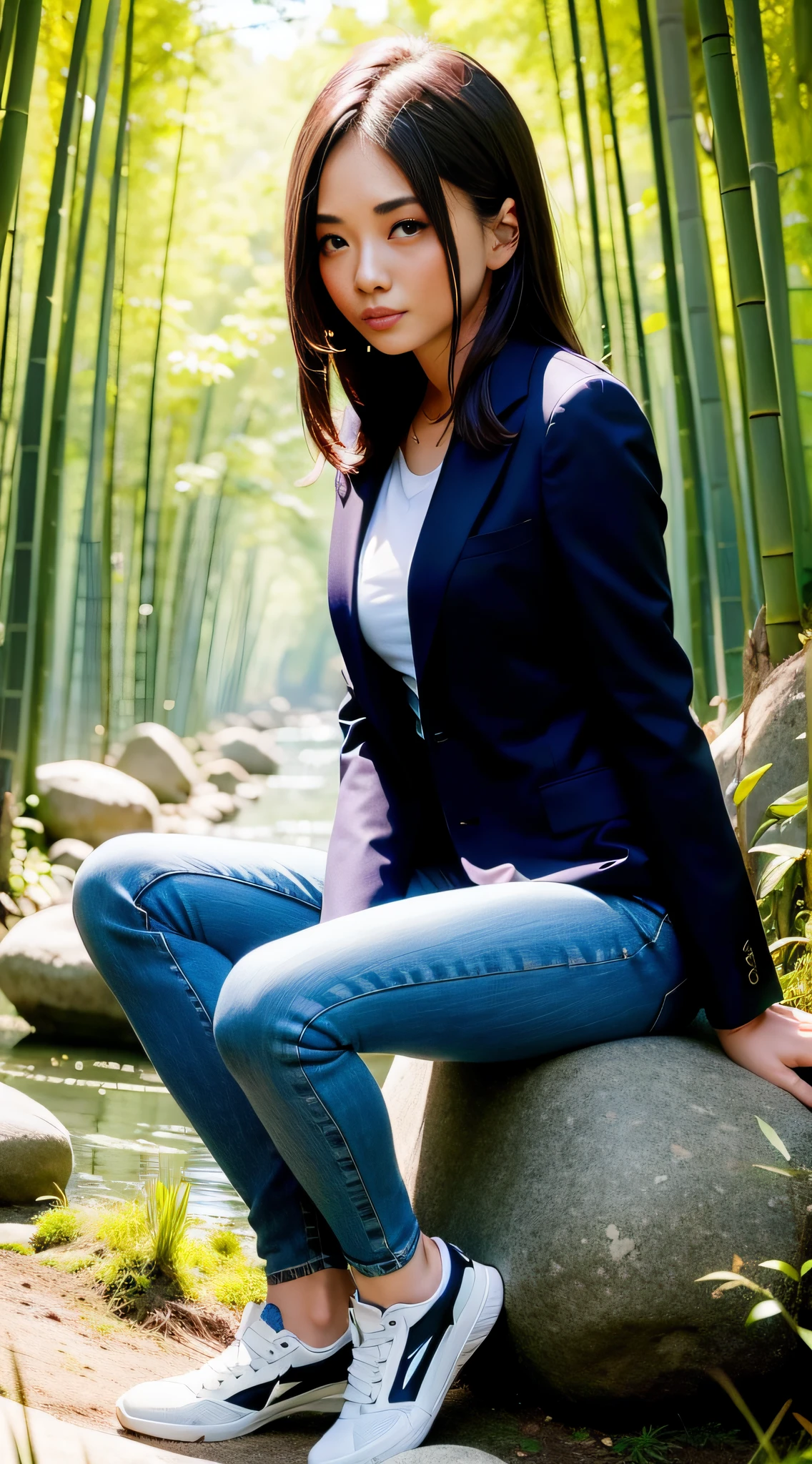 A beautiful woman in a suit, skinny jeans, sneakers sitting on a stone in a bamboo forest with water next to it
