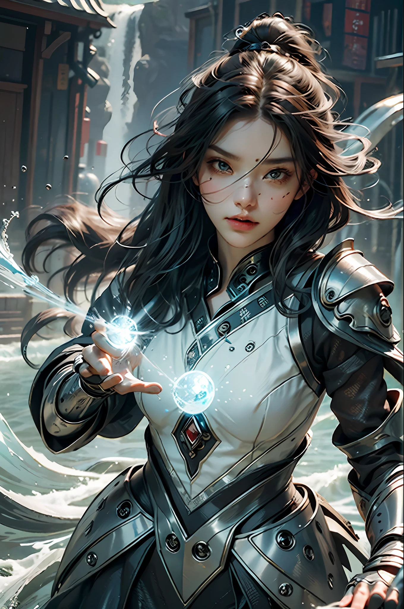 {{master piece}}, pinnacle rendering, realistic rendering, dark red rendering, metal rendering, {{color ink painting}}}, {{splash ink}}}, {{color}}, {{color}}, gorgeous rendering, best quality, illustration, flame, smoke, doomsday world, splash ink fire sea doomsday, full body, 1 girl, exquisite facial details, delicate facial features, real face, beautiful details eyes, deep pupils, broken city details, beautiful details long hair, Wave Hair, Ruined Detail Street, Blue-Silver Mech, Transparent Mechanical Core, Cyborg Girl, Detail, Cool, Tight Finish, Lace Finish, Line Light Costume Modification, Light Rendering, Reflection, Highlight, Holy Light, Confidence, Glamour, Battle Stance Detail Close-up, Fire Day, {Filigree}, Colored Background, A Dragon Stands Behind the Girl, Sea of Fire, {Tornado Special Effects}, Beautiful Details Silver Dragon Armor, (Cold Face, Confident) Great Depth, depth of field, 360° panoramic picture, fierce and magnificent battle scenes, broken mirrors, fingers all hidden and not displayed, small mouth closed