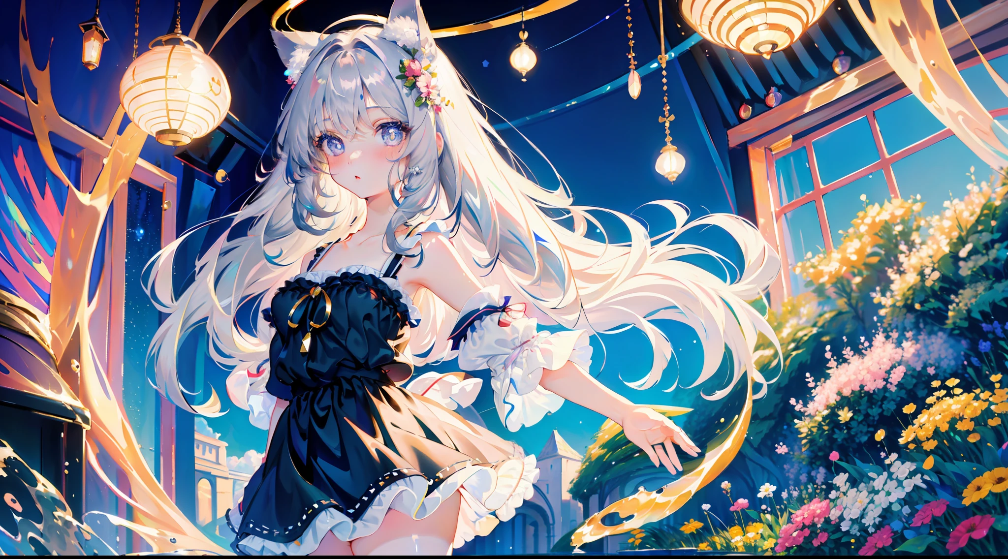 (Masterpiece, high quality, high resolution, highest quality),
break
blurred background, (color: 0.7), (eye focus: 1.2), looking at the audience, upper_body, fish eyes, (indoor: 1.1), cute, warm light, cute cat ears,
break
1 loli, standing, solo, ^ ^, (leaning_forward:1.1), arms_behind_back, (eyes open:1.1), head_tilt, bare shoulders, big breasts, long eyelashes, collarbone, (blush:0.95),
break
Shiny skin, shiny hair, (bright pupils: 1.1), curious, delicate eyes, hair accessories, long hair, hair facing up, gray hair, miniskirt, shiny eyes,