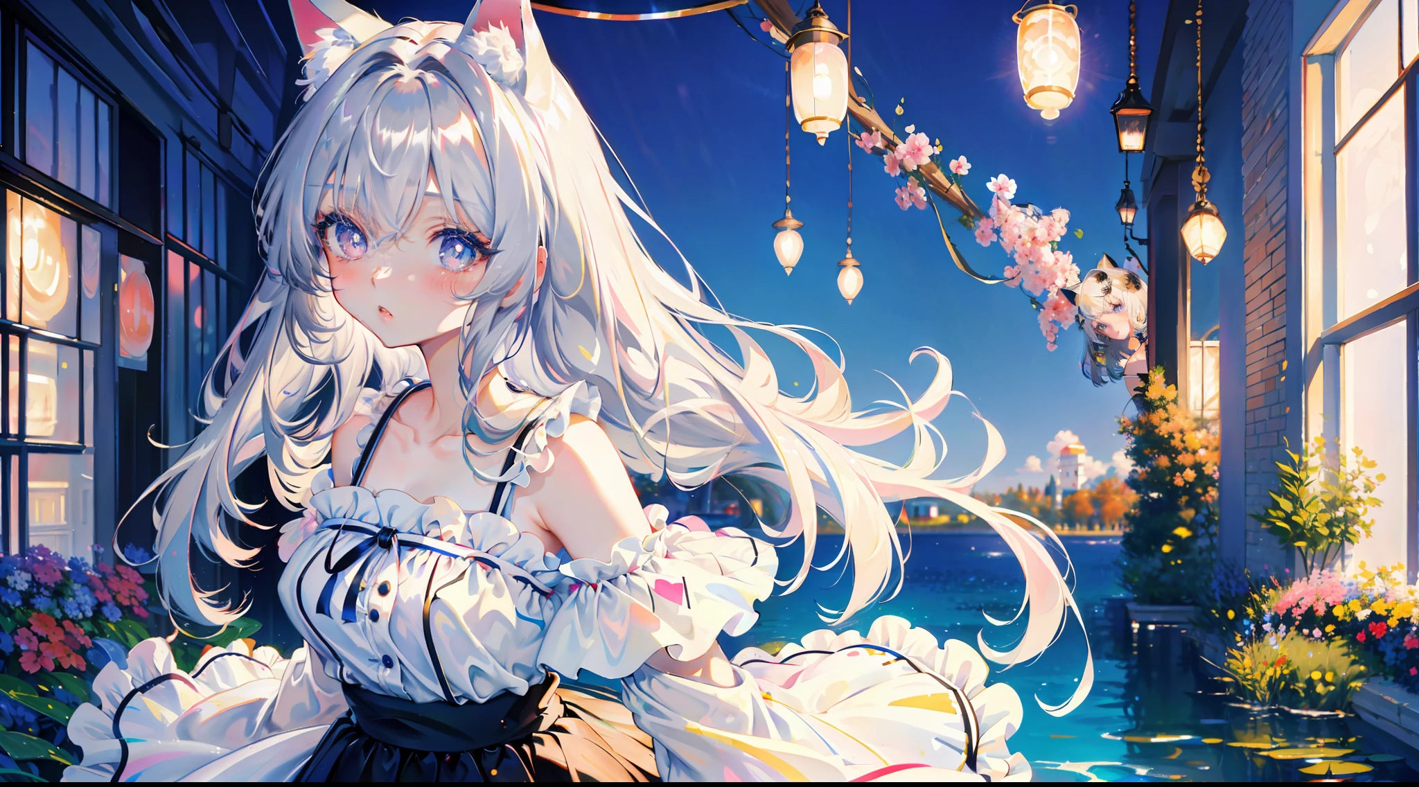 (Masterpiece, high quality, high resolution, highest quality),
break
blurred background, (color: 0.7), (eye focus: 1.2), looking at the audience, upper_body, fish eyes, (indoor: 1.1), cute, warm light, cute cat ears,
break
1 loli, standing, solo, ^ ^, (leaning_forward:1.1), arms_behind_back, (eyes open:1.1), head_tilt, bare shoulders, big breasts, long eyelashes, collarbone, (blush:0.95),
break
Shiny skin, shiny hair, (bright pupils: 1.1), curious, delicate eyes, hair accessories, long hair, hair facing up, gray hair, miniskirt, shiny eyes,