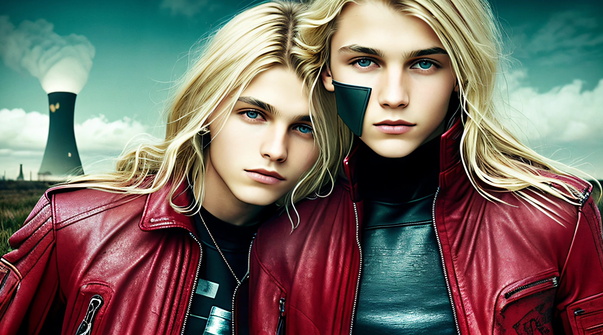 BOYS 14 YEARS OLD, CLOSE UP, WITH LONG BLONDE HAIR, WITH RED LEATHER JACKETS AND BLACK CLOTHING, nuclear power plant with radioactive barrels in a field, nuclear wasteland, nuclear waste, post-nuclear fallout, future of nuclear energy, nuclear fallout, radioactive wasteland, nuclear power, nuclear power, nuclear reactor, nuclear aftermath, post-nuclear, nuclear power plant, nuclear, radioactive particles,  nuclear art, toxic waste, polluted, radioactive peak field, pollution