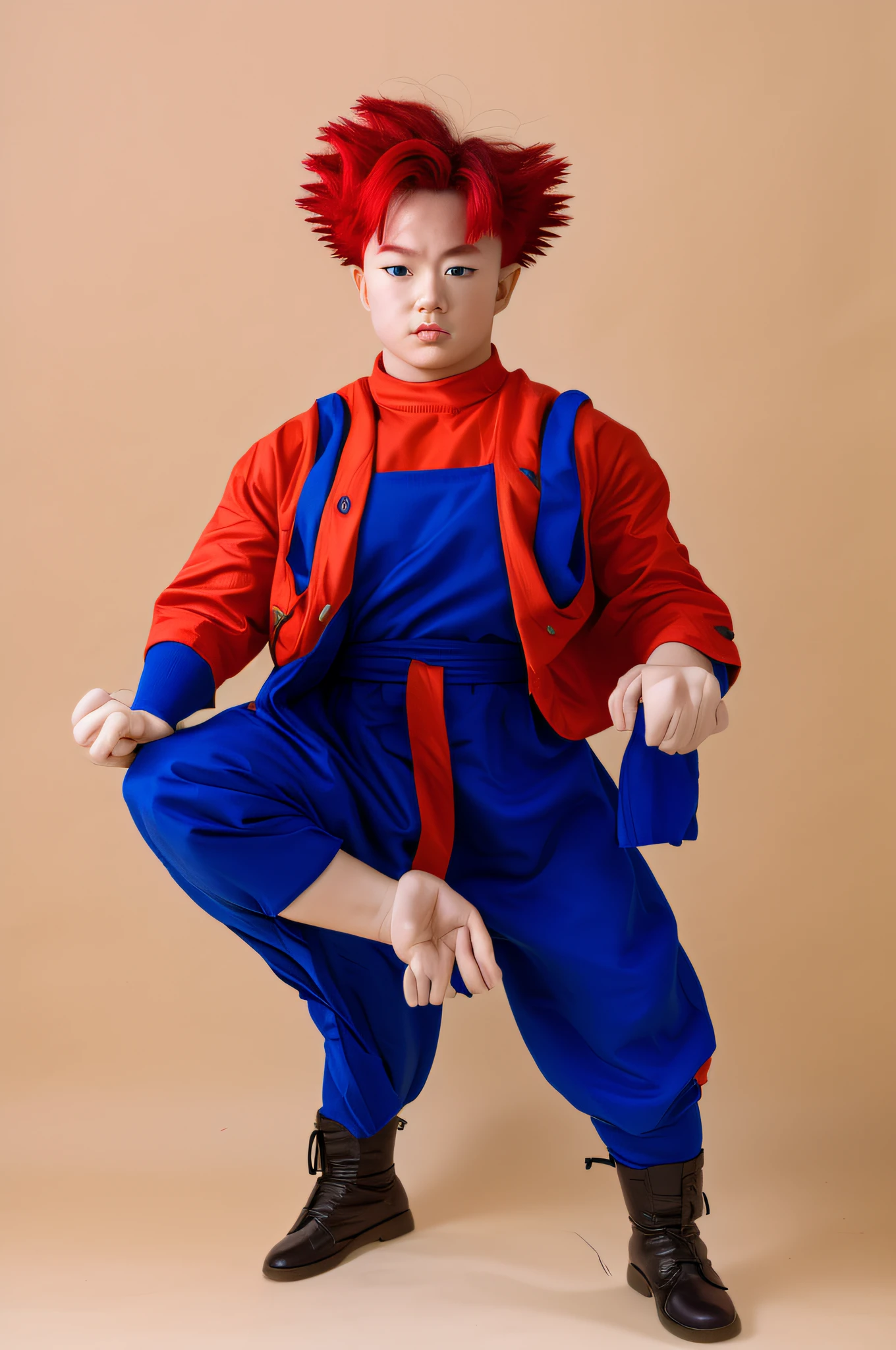Best Quality, Masterpiece, (Realisticity: 1.2), son_goku, super_saiyan_red, Action Move, Combat, Half, Low Wide Angle, red_hair, red_eyebrow, red_eyes, Face, red_aura Background, Portrait, Dragon Ball