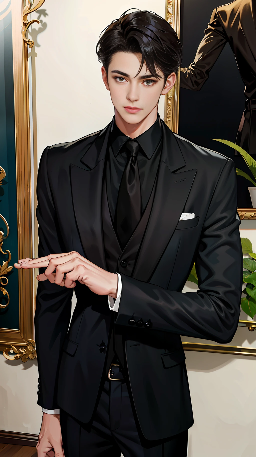 "European classic black suit, wise and charming handsome guy, with a gentleman's posture, handsome face and tall figure, a rich charm."