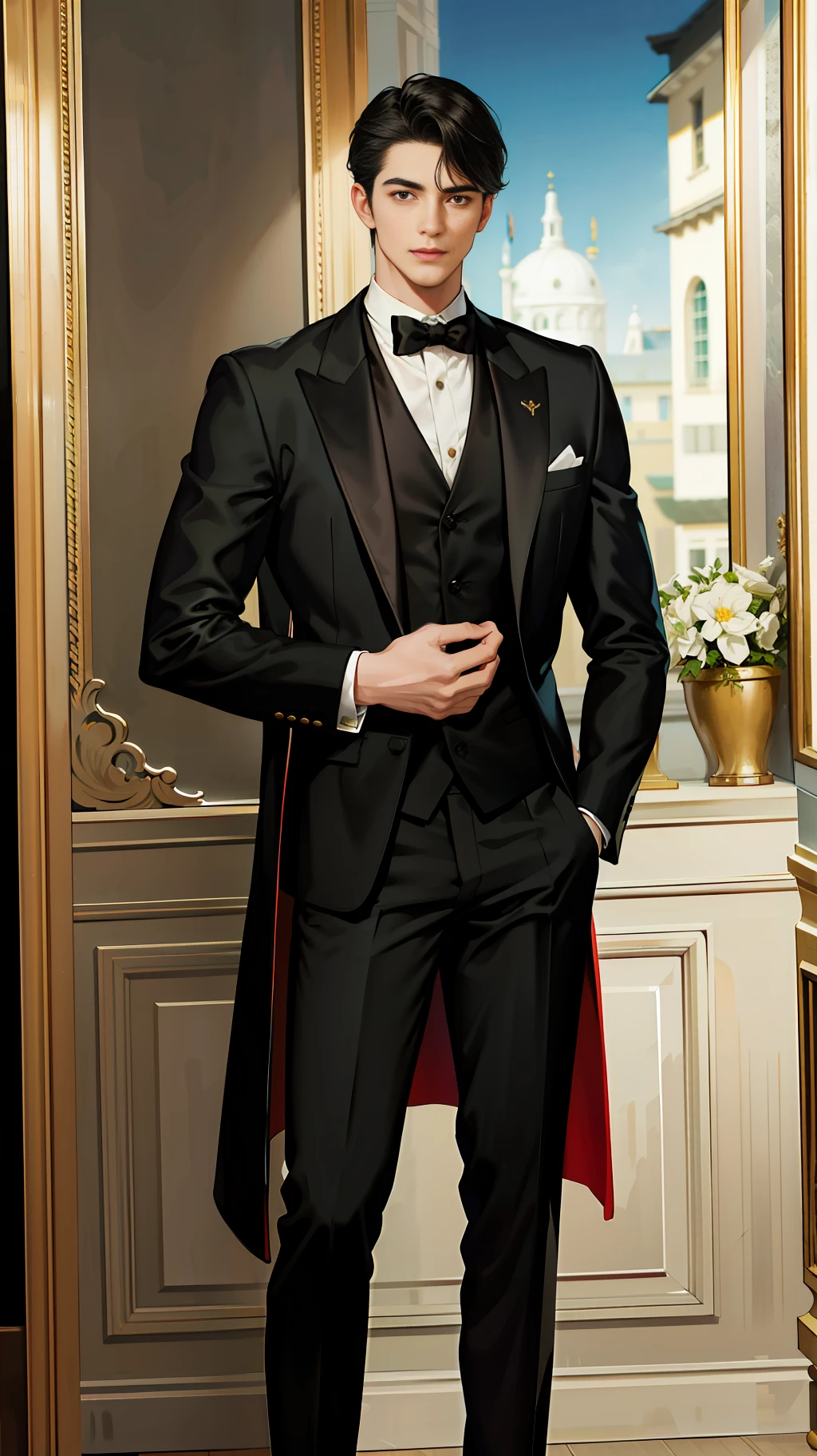 "European classic black suit, wise and charming handsome guy, with a gentleman's posture, handsome face and tall figure, a rich charm."
