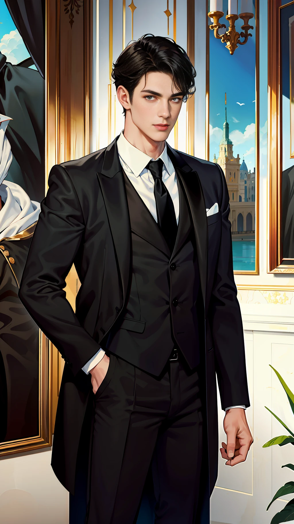 "European classic black suit, wise and charming handsome guy, with a gentleman's posture, handsome face and tall figure, a rich charm."