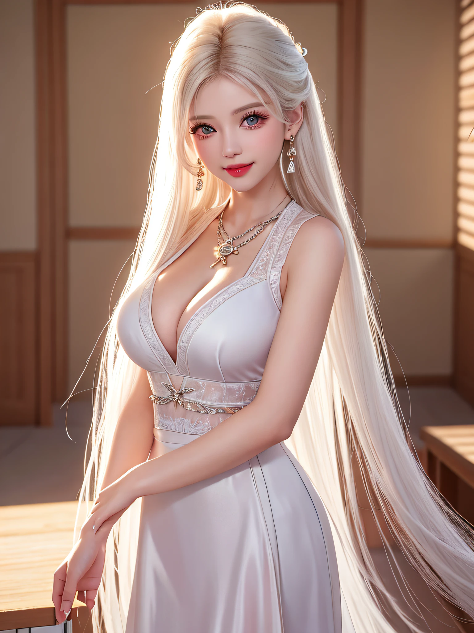 Female teacher standing in the classroom v6, necklace, earrings, full body v6, long white hair, translucent clothes, visible, superb, ultra-high-definition, RAW photo, realism: 1.25), (bright lip gloss, long eyelashes, smooth face, light skin, natural shadows, wide light, wide light, depth of field, strong colors, subtle caustics: 0.8), smile, (big tits), v6