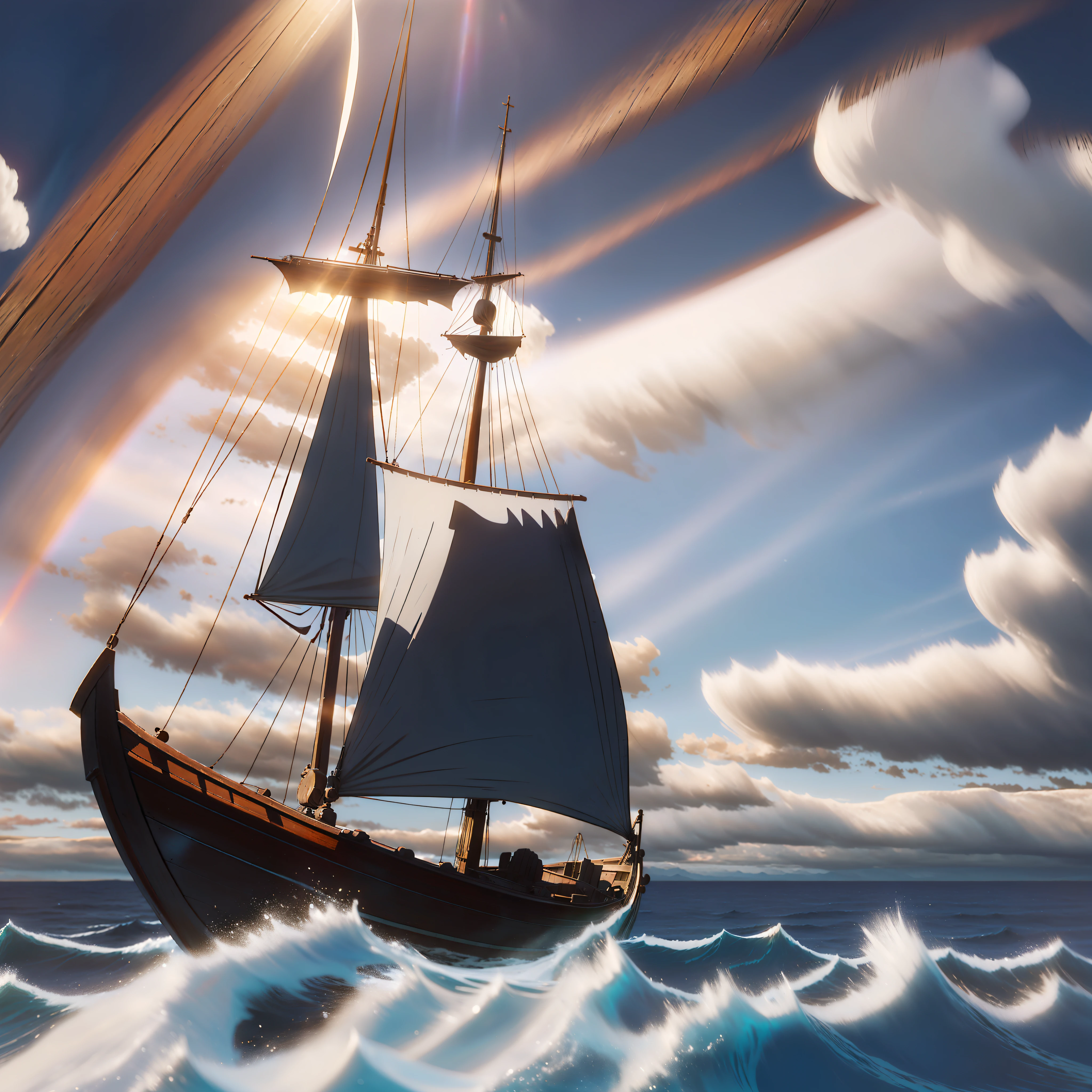 A high-quality drawing with a full of movement lines and vignetting style, the wooden boat is in the middle of the frame: retro, ancient wooden boat shimmering between the ocean, simple composition, sunlight illuminating the hull, deep blue sky and white clouds perfectly blending, sky and sea dividing the world in two.