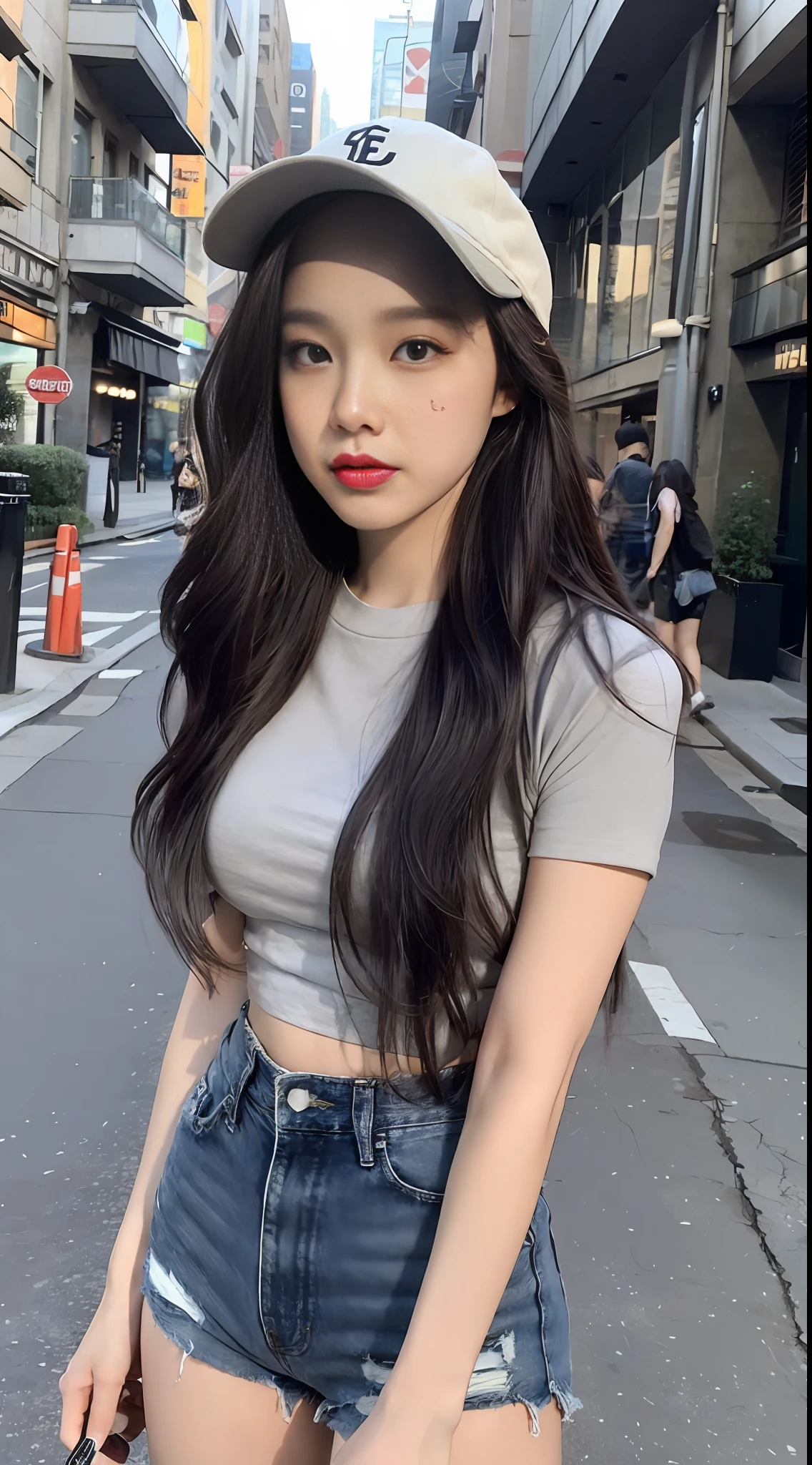 ((Best Quality, 8K, Masterpiece: 1.3)), (Grey Cap: 1.3), Focus: 1.2, Perfect Body Beauty: 1.4, Buttocks: 1.2, (Layered Haircut: 1.2)), (Dark Street: 1.3), Highly Detailed Face and Skin Texture, Fine Eyes, Double Eyelids, Whitened Skin, Long Hair, (Melon Face: 1.5), (Shirt Short Sleeves, Black Denim Tight Shorts: 1.6)