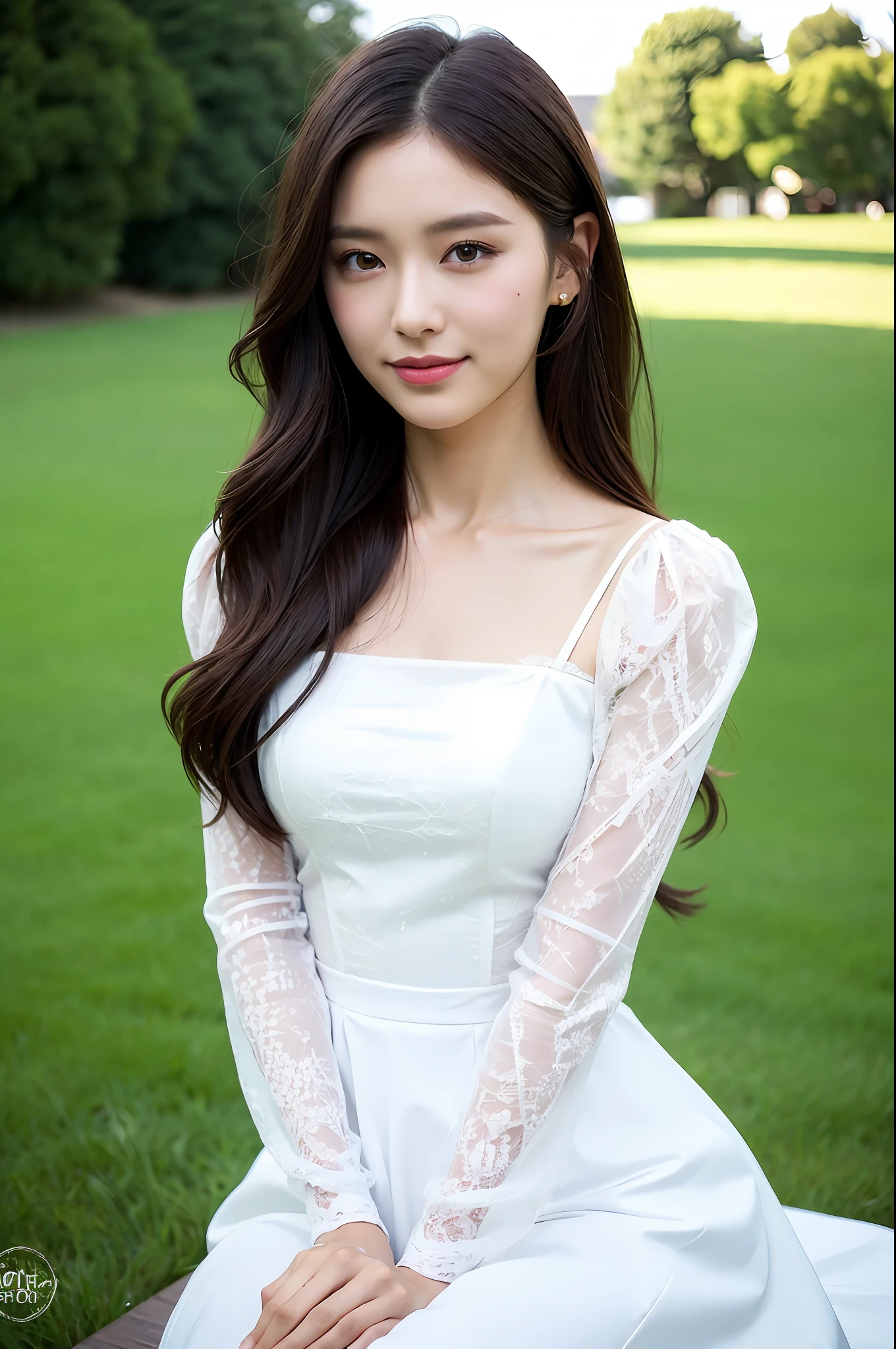 (Best Quality, 8k, Masterpiece: 1.3)), 1 girl, smile, full body, slim face, pretty woman, (dark brown hair), wearing white puff sleeves, dark flower dress :1.1, super detailed face, detailed eyes, double eyelids, blurred background, slim face, city, outside, sitting, green grass