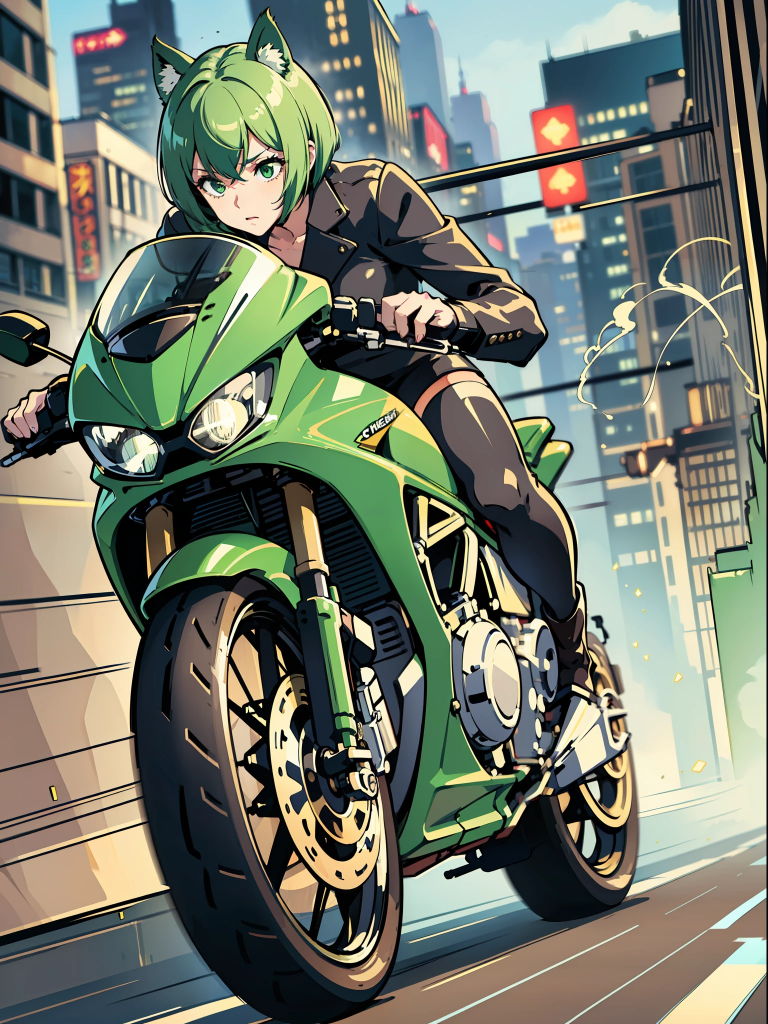 ((masterpiece, best quality)),A (speeding) motorcycle the city at high speed,(slow motion:1.3),(Motion blur:1.3),(speed lines:1.4),sense of speed,catgirl, short green bob hair, green eyes,Sparks and smoke coming out of tires