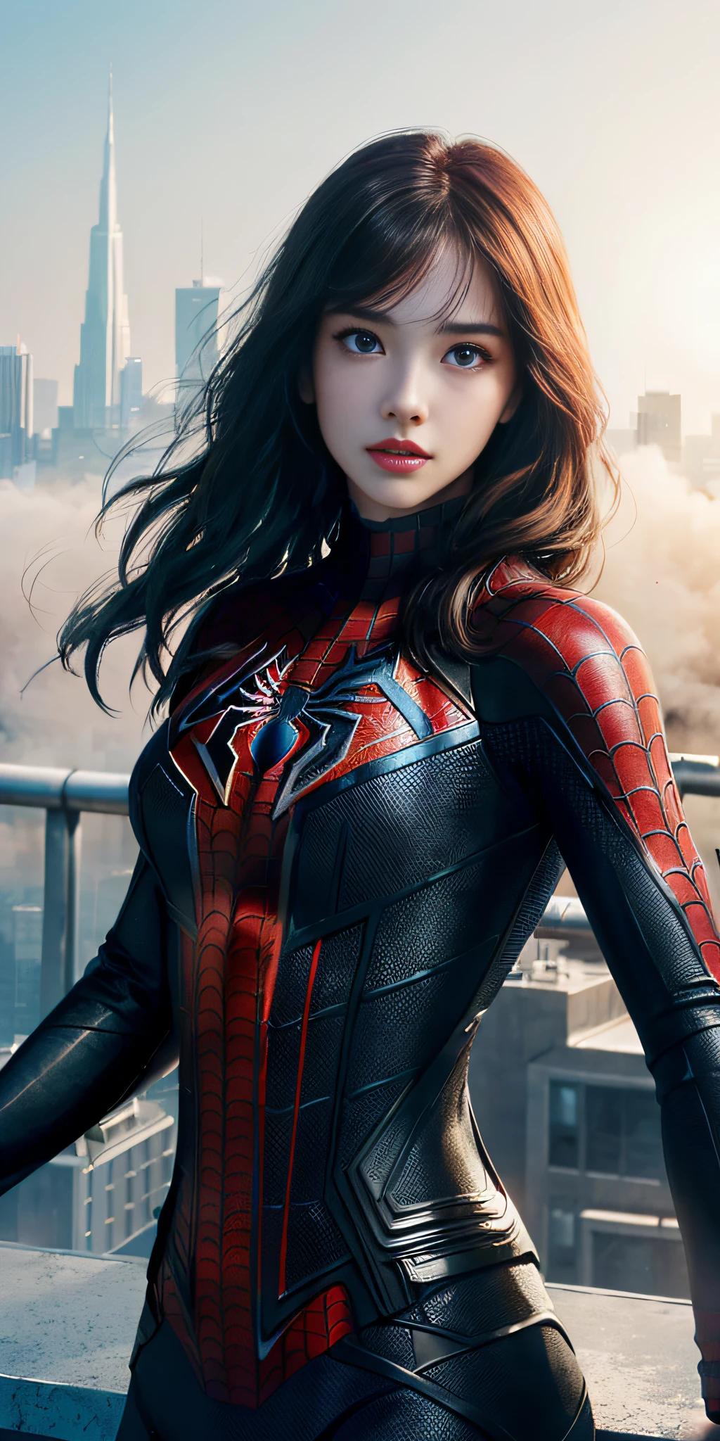 (1girl:1.3), Solo, (((Very detailed face)))), ((Very detailed eyes and face)))), Beautiful detail eyes, Body parts__, Official art, Unified 8k wallpaper, Super detailed, beautiful and beautiful, beautiful, masterpiece, best quality, original, masterpiece, super fine photo, best quality, super high resolution, realistic realism, sunlight, full body portrait, amazing beauty, dynamic pose, delicate face, vibrant eyes, (from the front), She wears Spider-Man suit, red and black color scheme, spider, very detailed city roof background, rooftop, overlooking the city, detailed face, detailed complex busy background, messy, gorgeous, milky white, highly detailed skin, realistic skin details, visible pores, clear focus, volumetric fog, 8k uhd, DSLR, high quality, film grain, fair skin, photo realism, lomography, futuristic dystopian megalopolis, translucent