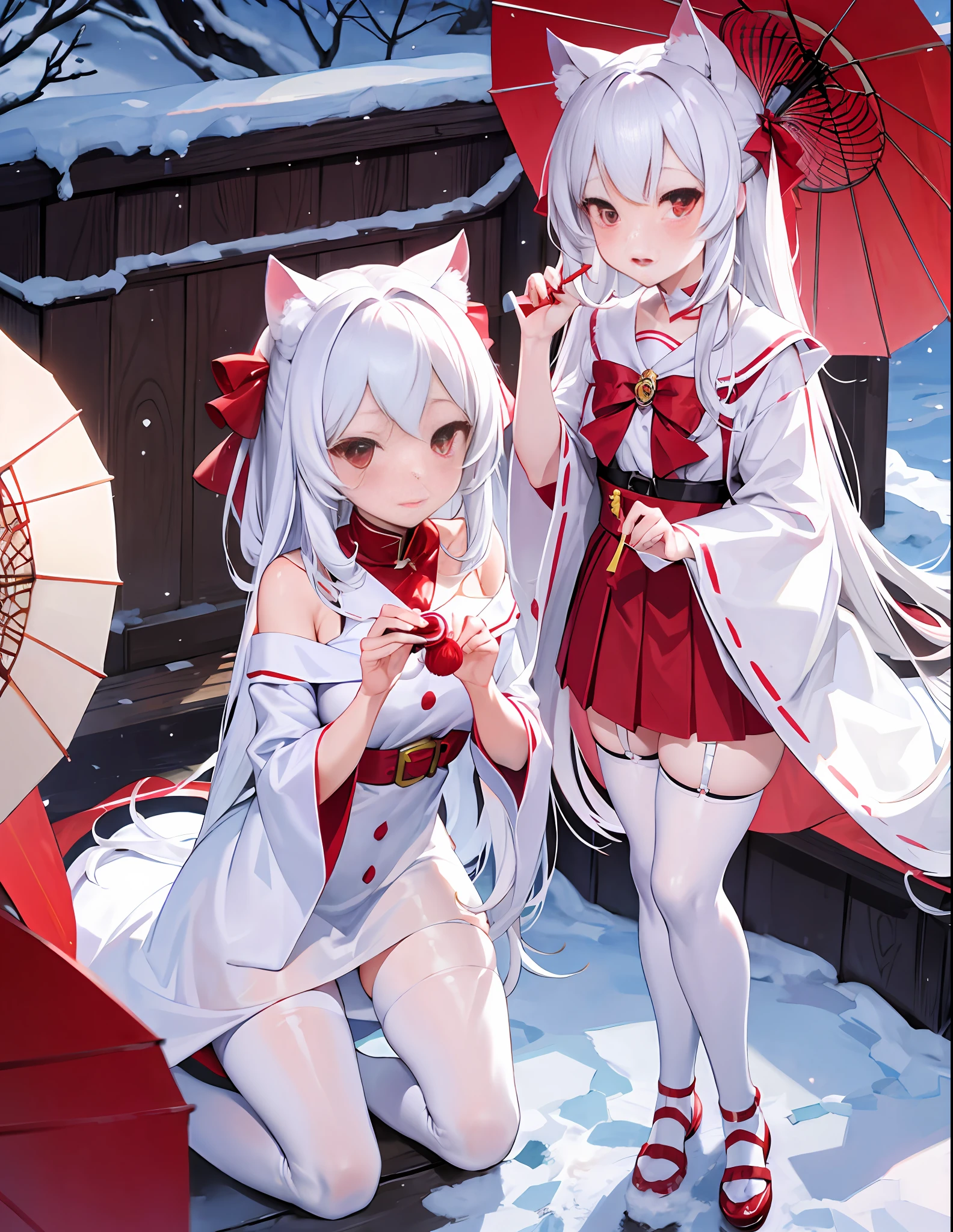 White hair, anime, shoujo, shrine, white cat ears, red witch costume, snow, red umbrella, red eyes, snow, white stockings