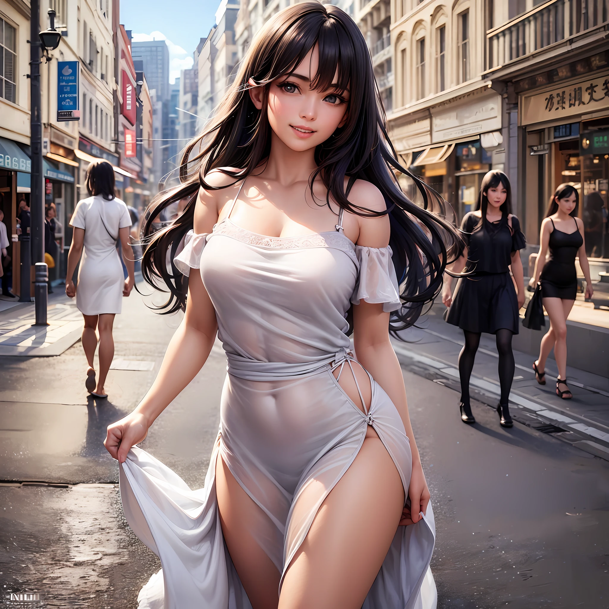 best quality,masterpiece,ultra high res,(photorealistic:1.8),detailed skin,beautiful detailed eyes,drop shoulder tee,open cloth,muscular,ecstatic big laughing,walking on city street,looking at viewer,solo,Face the camera,Long black hair,Beautiful China girl,fringed gowns, --auto --s2