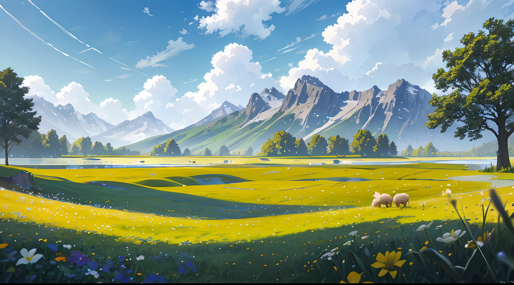 Summer, meadows, few small flowers, clear lakes, sheep, heaven, large clouds, blue sky, hot weather, HD detail, wet watermark, hyper-detail, cinematic, surrealism, soft light, deep field focus bokeh, distant view is snowy mountains, ray tracing, and surrealism. --v6