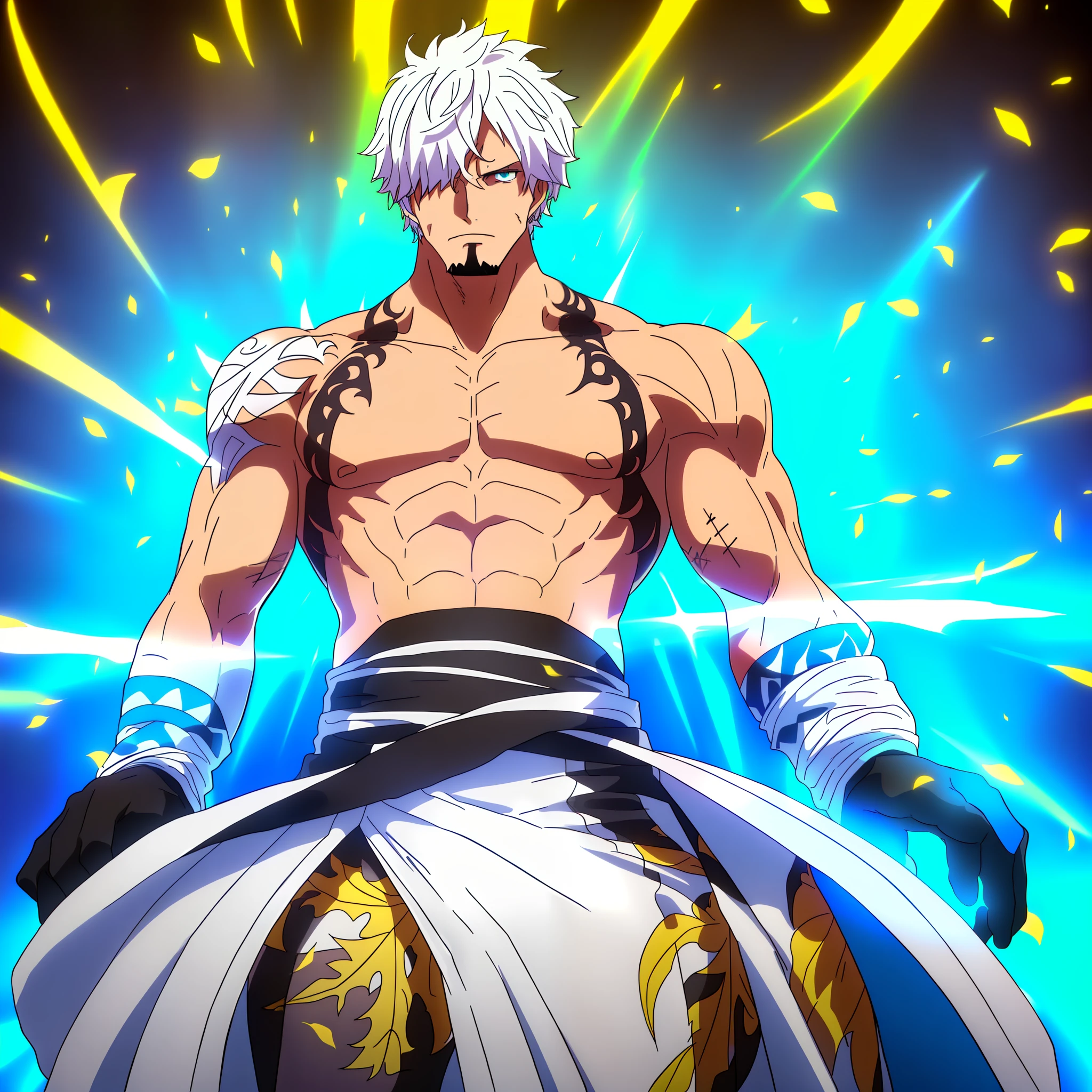 Quality high lighting, finely detailed shading, tall man, white and black multicolored hair, hair back, black goatee, detailed muscles, masterpiece, 8k, focus abdomen up, tattoos, black gloves, gold foliage, rays, soft lighting rays, stylish man, cyan eyes, bright cyan eyes, complementary colors, dramatic, finely detailed tones.