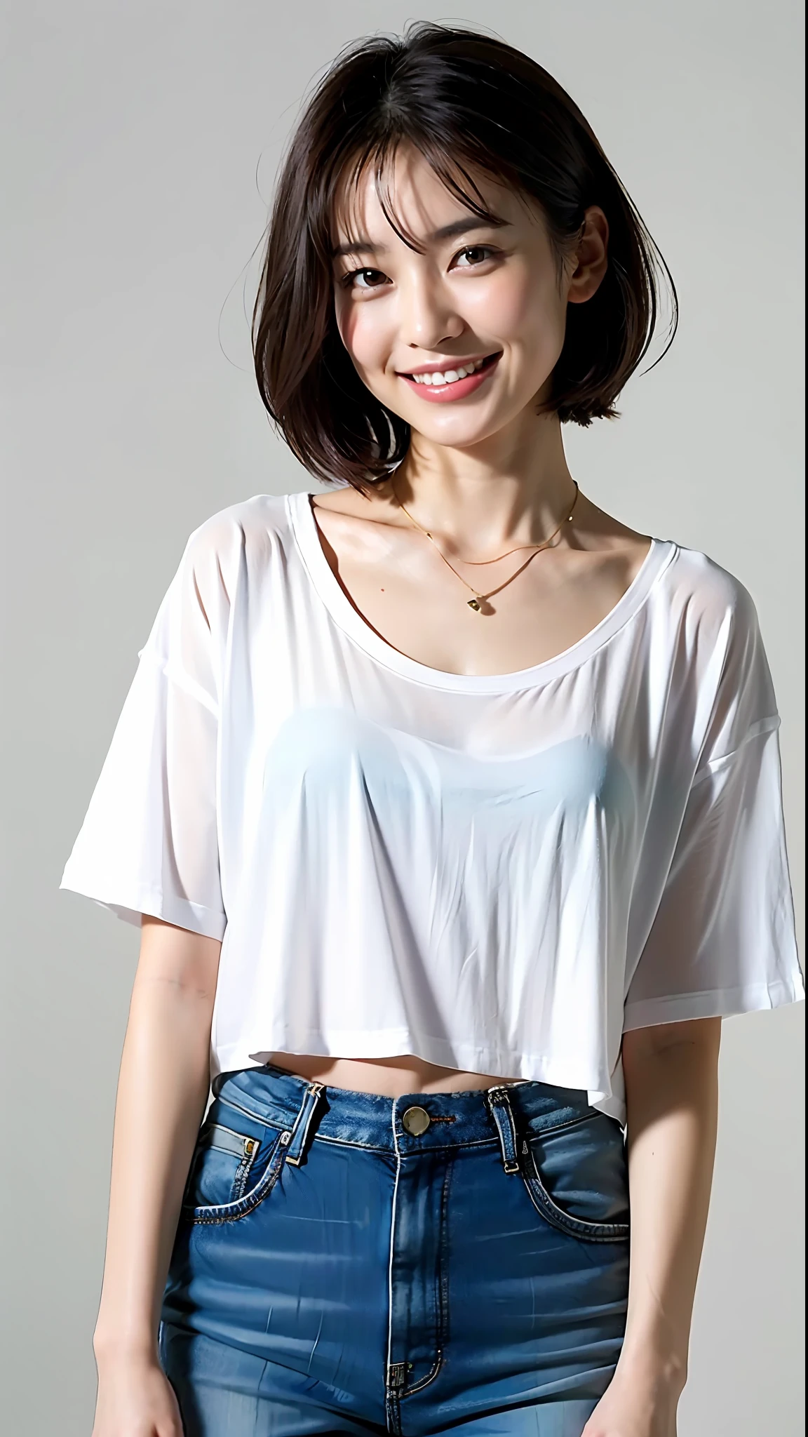 (Best Quality, 8k, 32k, Masterpiece, UHD: 1.2), Cute Japan Woman Pictures, Small, Very Short Bob Hair, Upper Body, Necklace (Oversized T-Shirt, : 1.1): 1.1) Necklace, Simple Background, Look Around, Smiling, Underwear, Lingerie