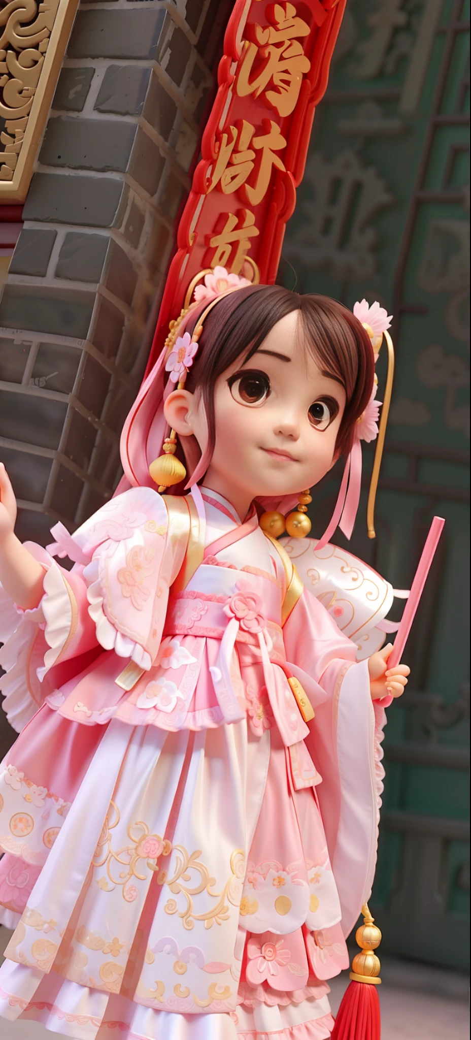 There is a  girl in pink dress holding a red umbrella, palace, a girl in Hanfu, Chinese girl, Chinese costume, little loli girl traditional costume, magical Lolita girl portrait, young asian girl, beautiful pink little loli, Chinese princess, Chinese traditional costume