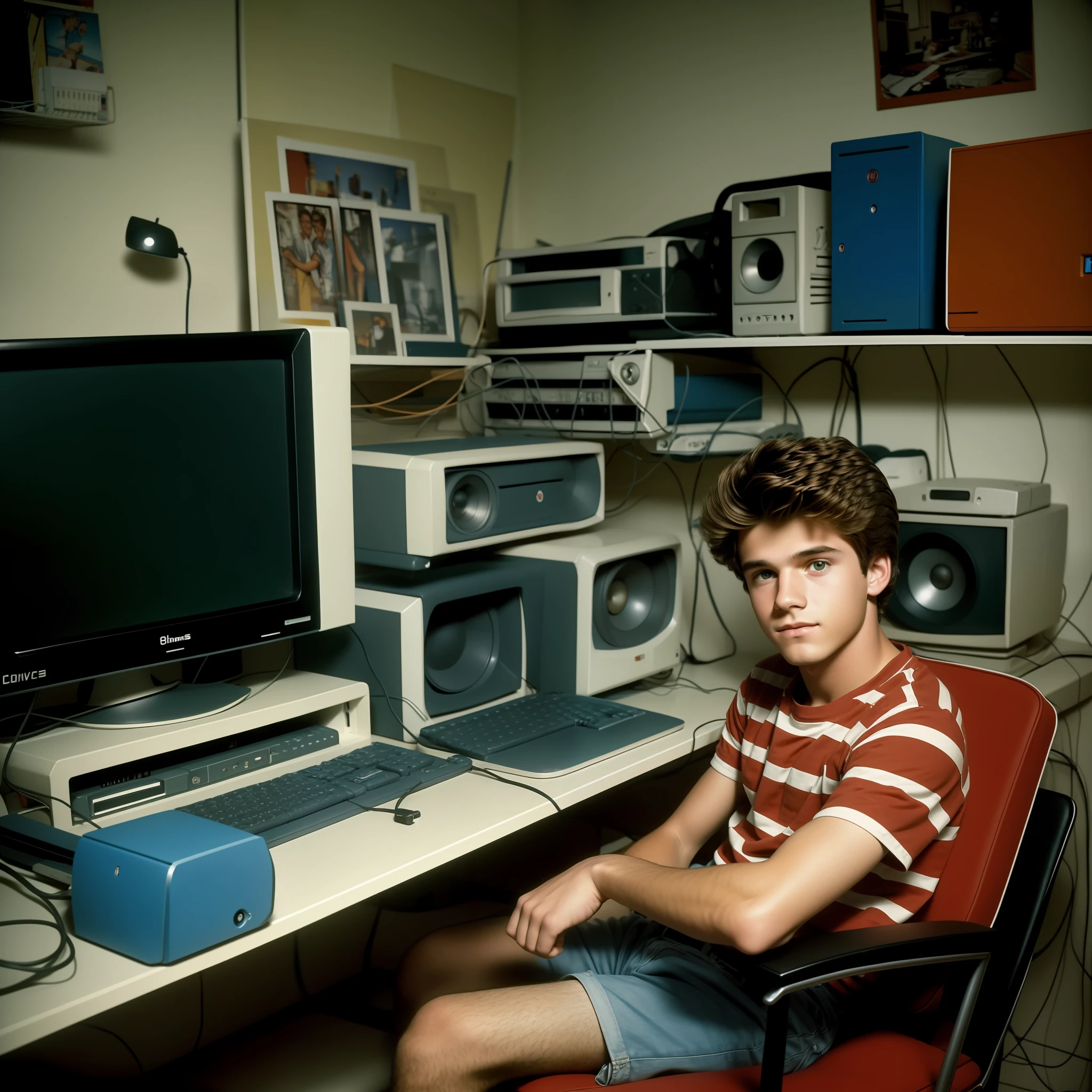 Extremely realistic photograph of an 80's teenage boy in his room sitting in a chair fiddling with his old computer looking at the camera, spontaneous photo with flahs taken by an old camera, extremely detailed, extremely realistic, old photogtafia