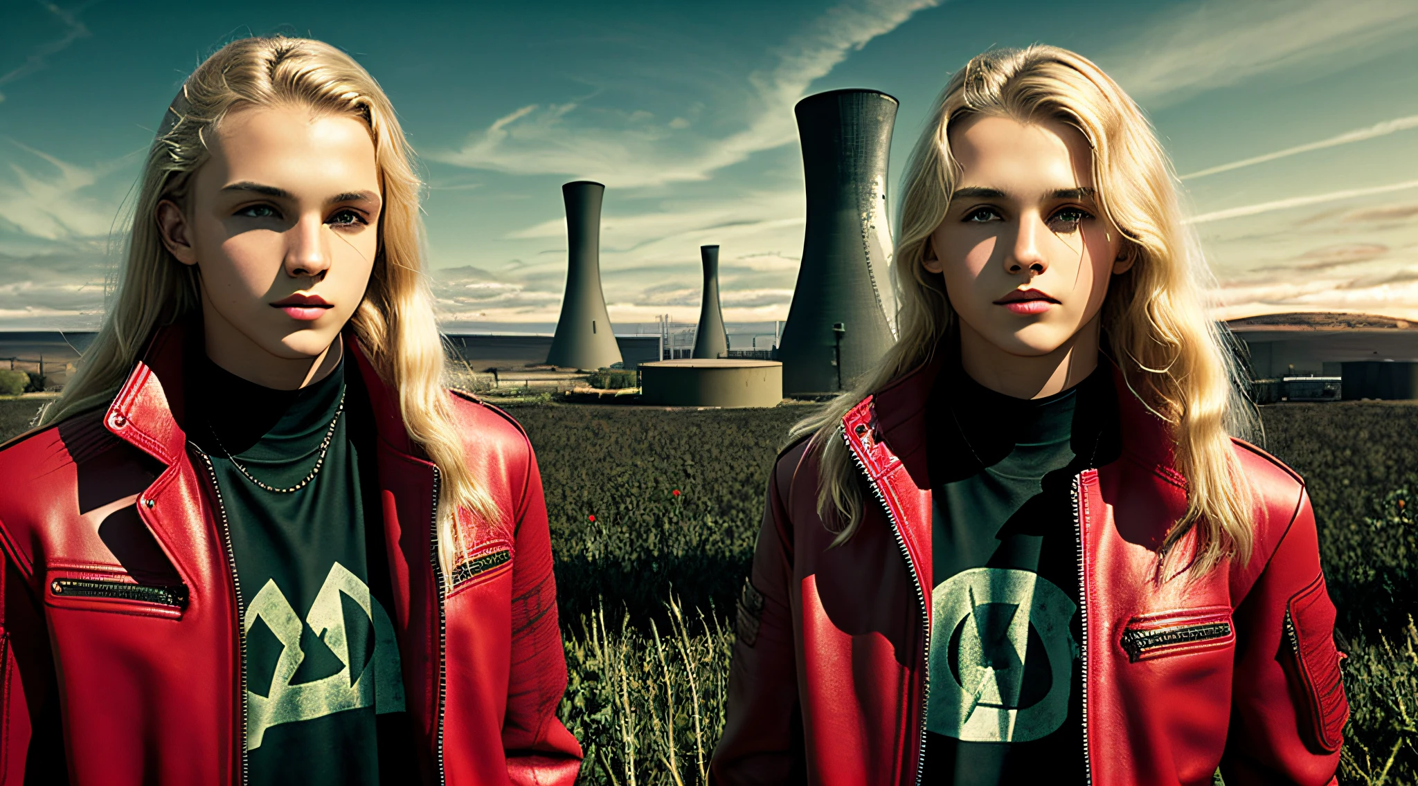 BOYS 14 YEARS OLD, WITH LONG BLOND HAIR, WITH RED LEATHER JACKETS AND BLACK CLOTHING, nuclear power plant with radioactive barrels in a field, nuclear wasteland, nuclear waste, post-nuclear fallout, future of nuclear energy, nuclear fallout, radioactive wasteland, nuclear energy, nuclear energy, nuclear reactor, nuclear aftermath, post-nuclear, nuclear power plant, nuclear, radioactive particles, nuclear art, toxic waste, polluted, radioactive peak field, pollution