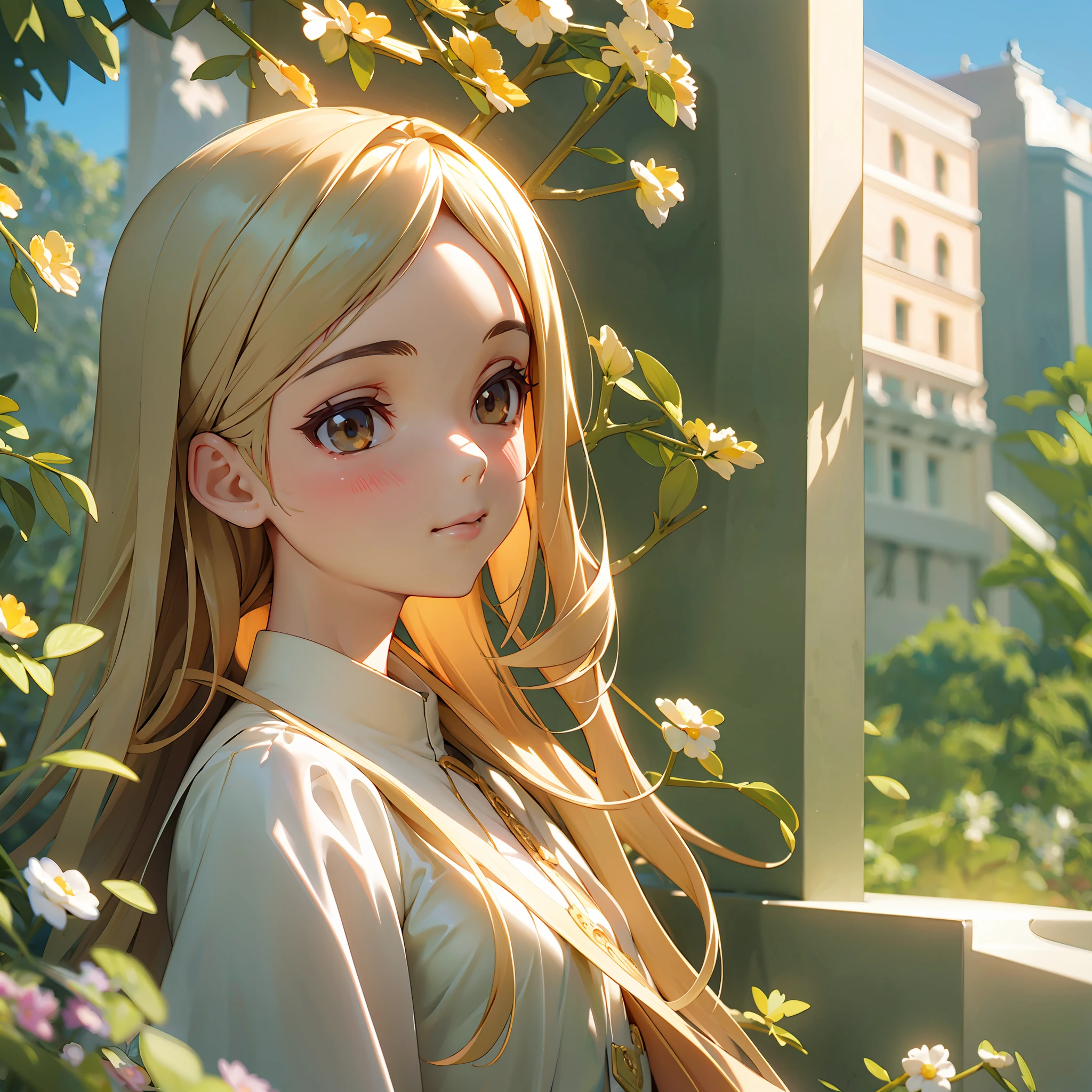 Q version, girly, the sun shines on you, happy, side face, bright eyes, gentle with a little shyness, thoughtful, high resolution, delicate facial features, front lighting, 3D, 8K, extremely exquisite illustrations, complex and detailed details, extremely high quality