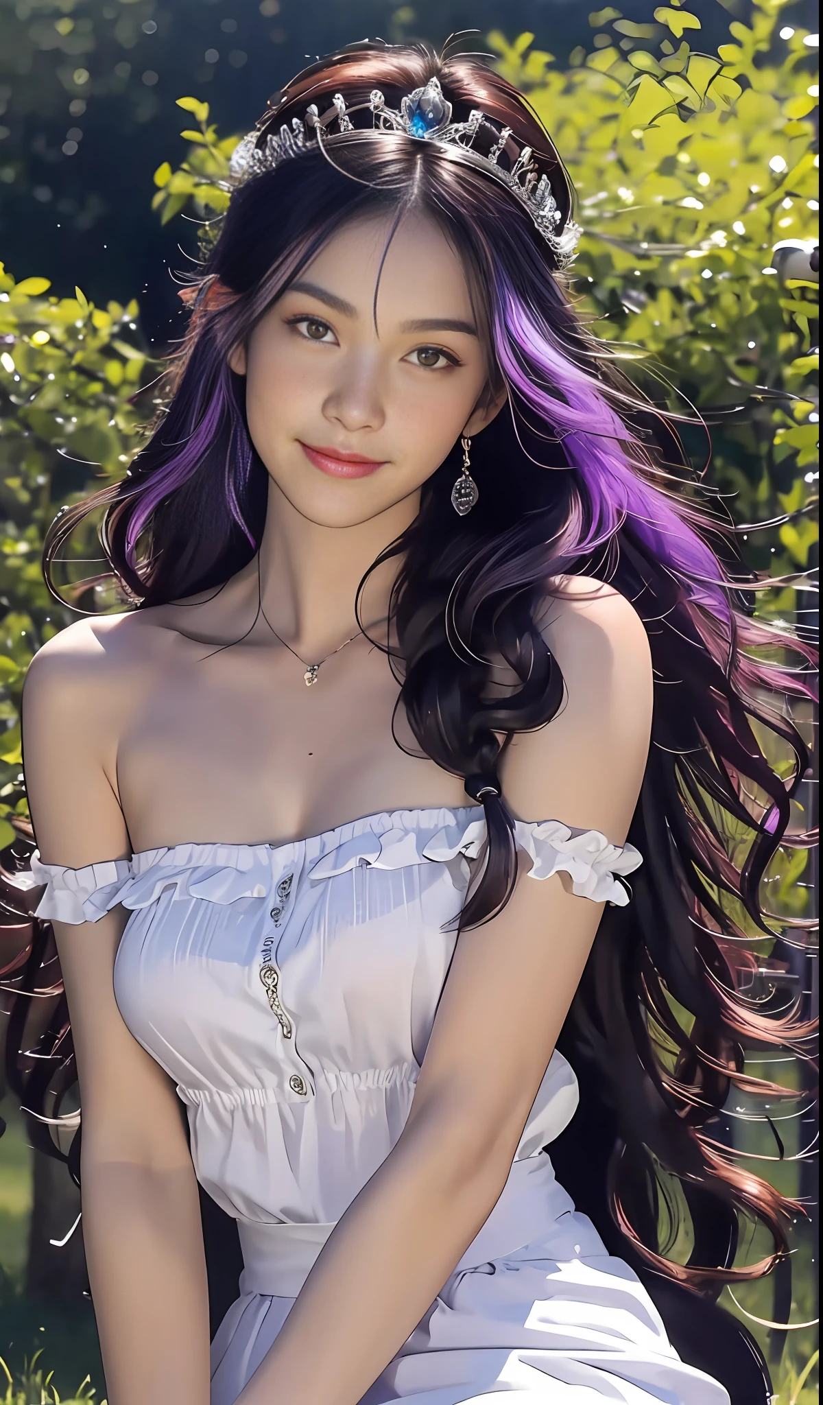 Best Quality, Masterpiece, Ultra High Resolution, Original Photo, Detail Face, (Realistic: 1.4), Headlight,

1 girl, solo, full body, bare shoulders, black hair, breasts, lips, long hair, looking at the audience, medium breasts, purple hair, tiara, smile, (standing at a distance)