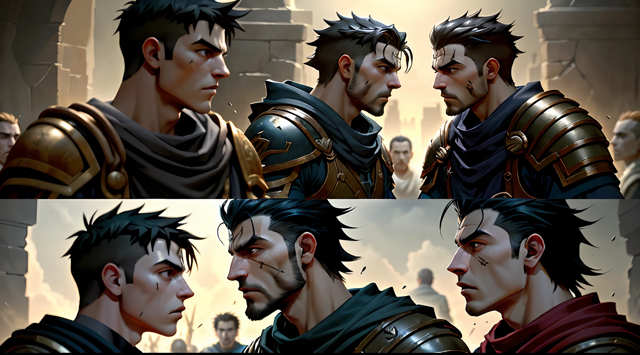 An artistic depiction of Jacob conversing with the sons of Laban, with facial expressions charged with tension and conflict with biblical cenario, high resolution image,4k,8k,