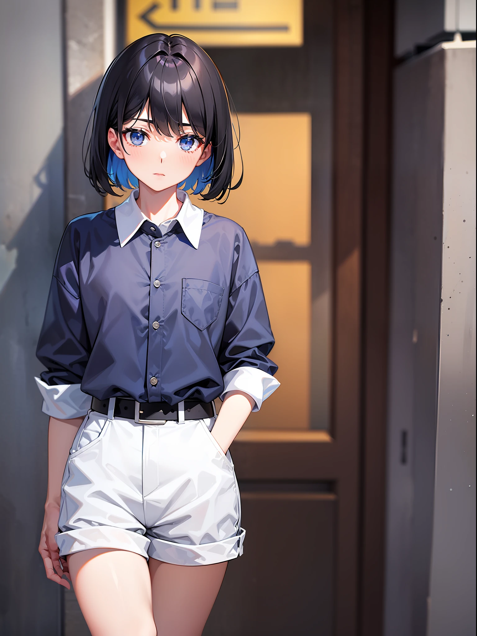 Black hair short, short blue clothes with white collar sleeves, blue shorts, white waist belt, white shoes, girl, outdoor