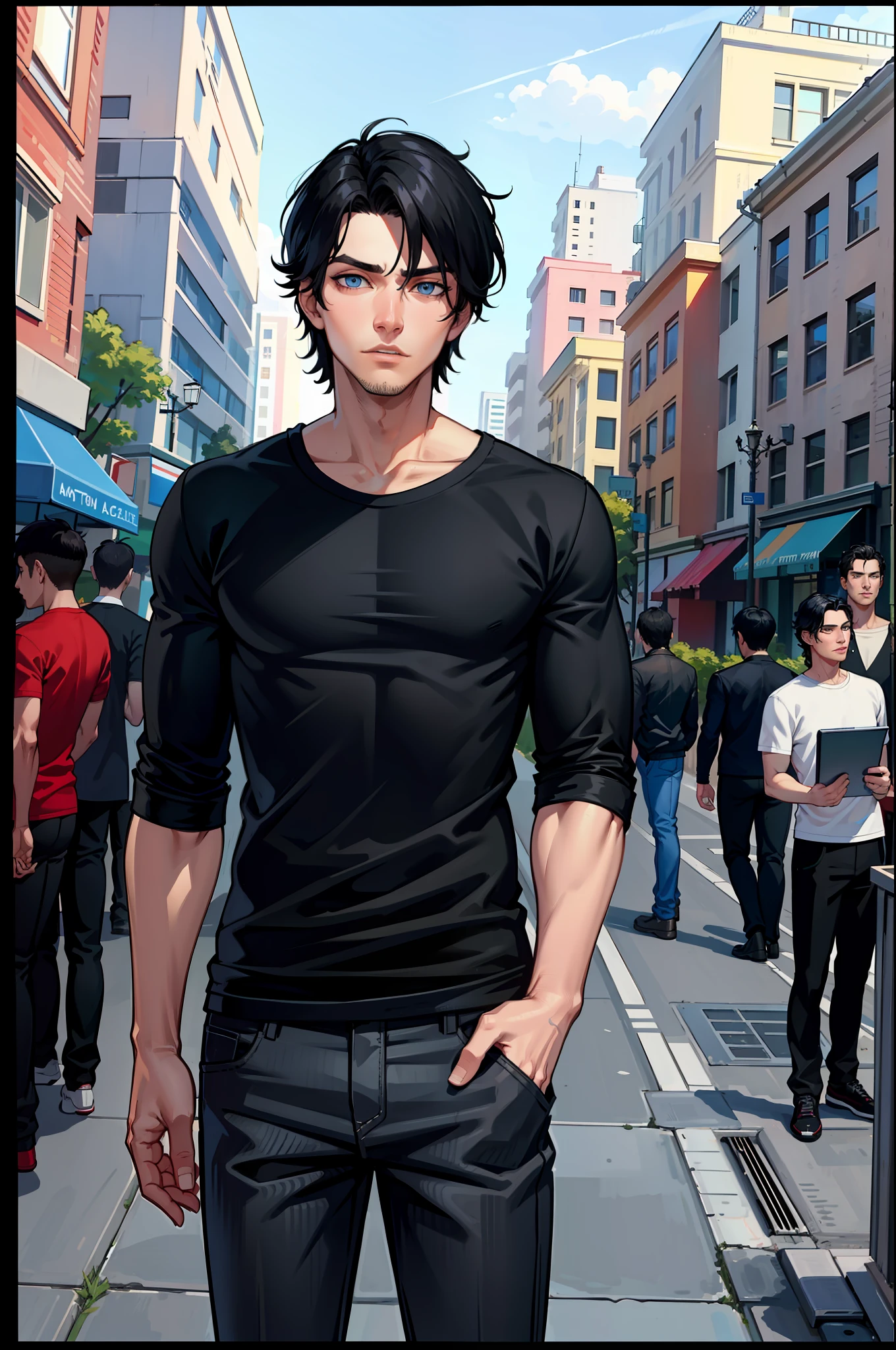 masterpiece, guy, focus guy, black hair, blue eyes, black shirt, pants, standing,