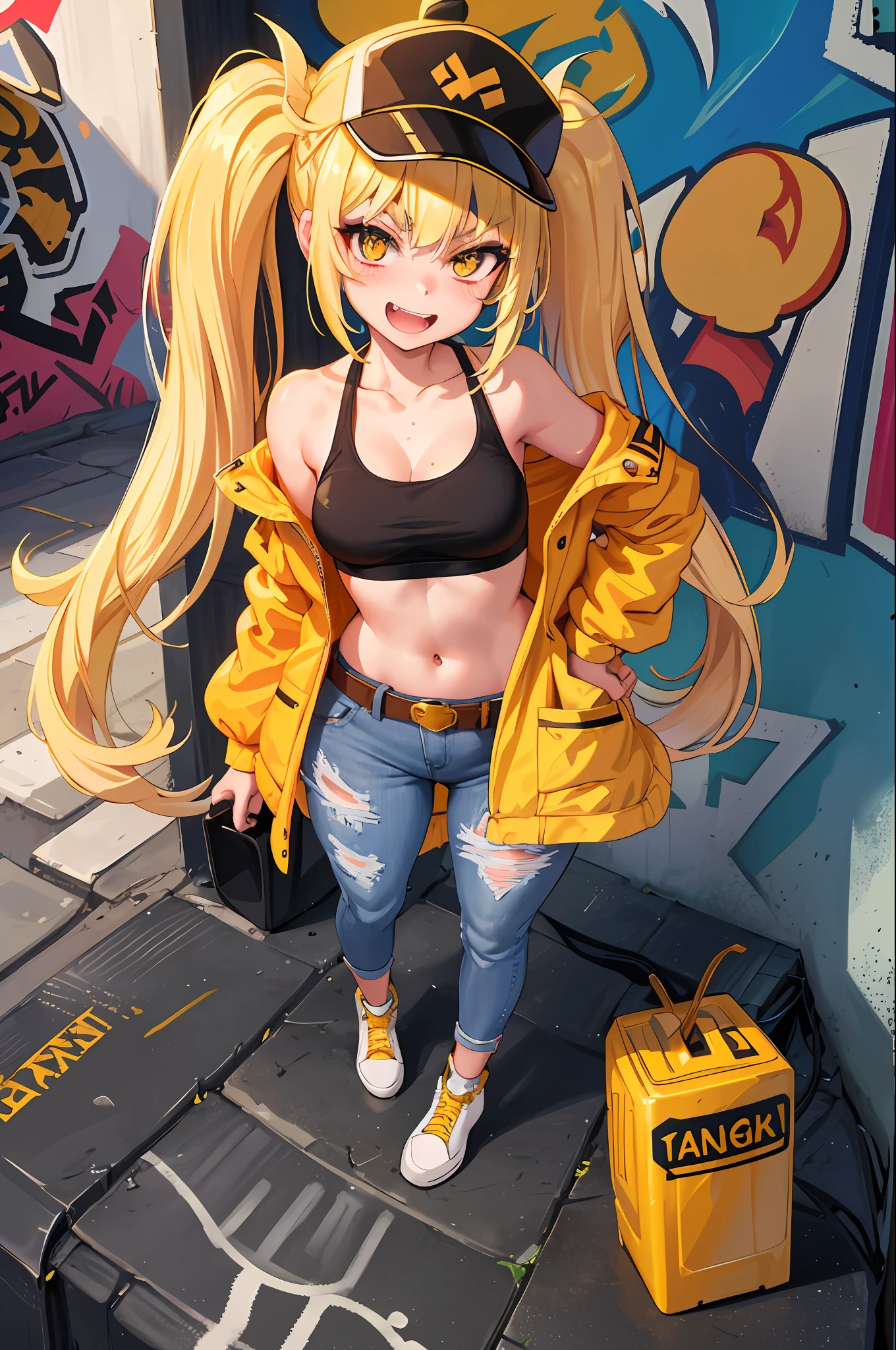 Original Character, Volumetric Lighting, Best Shadows, Shallow Depth of Field, Portrait Of Stunningly Beautiful Girl, Petite, Delicate Beautiful Attractive Face With Alluring Yellow Eyes, Messy Painted Face, Sharp Eyebrows, Broadly Smiling, Open Mouth, Fangs Out, Lovely Medium Breasts, Layered Long Twintail Blond Hair, Blush Eyeshadow, Thick Eyelashes, Applejack Hat, Oversized Pop Jacket, Mini Underboob Tee, Open Navel, Slim Waist, Denim Jeans Pants, With Buckle Belt, In The Graffiti Alley, Waste Container, Outside Stairs, Outdoor Unit, Holding Spray Paint Can, Standing, (Highest Quality, Amazing Details:1.25), (Solo:1.3), Brilliant Colorful Paintings