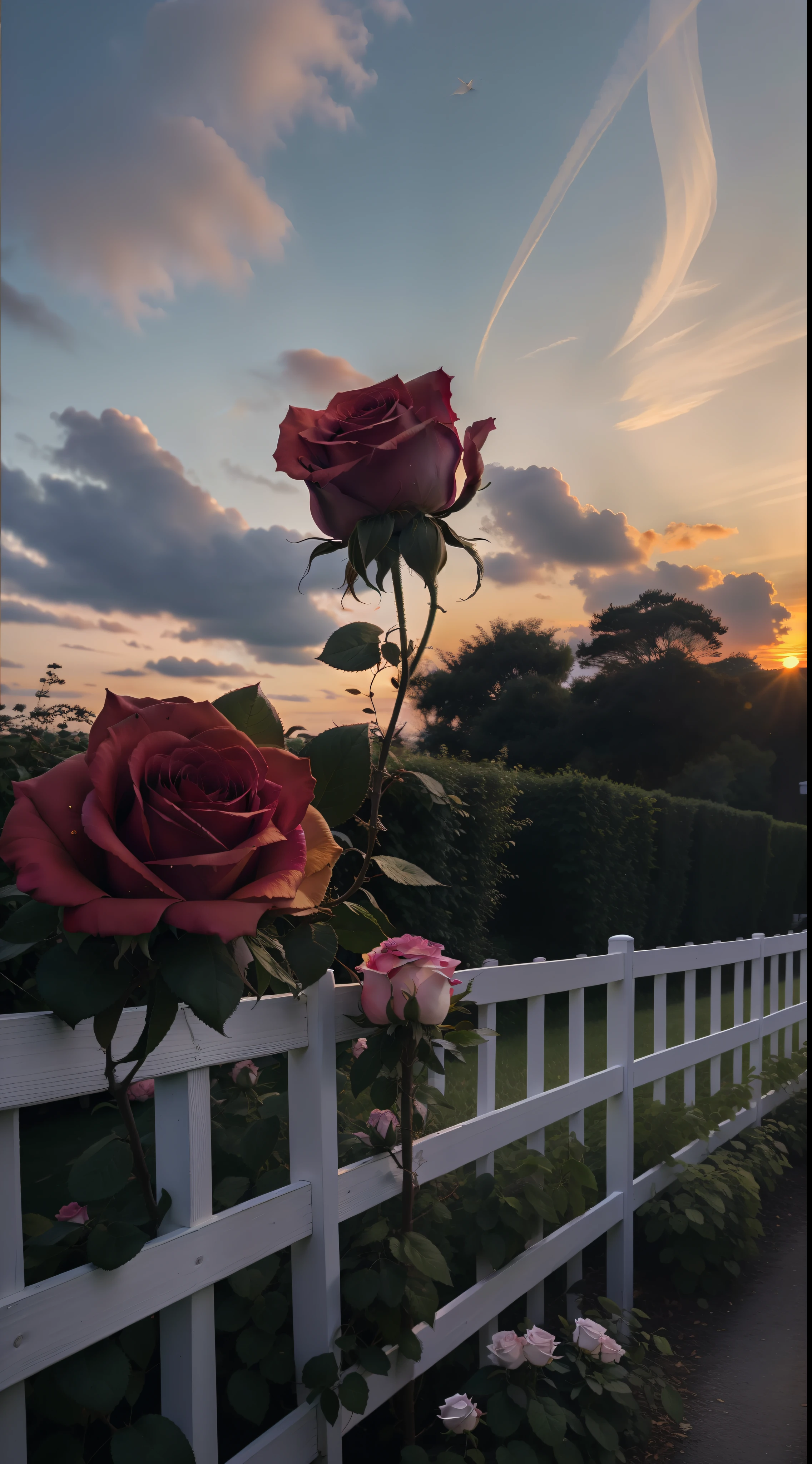 The sky is a magnificent sunset, In front of it is a row of white fences, The fence is covered with delicate roses, The colors of the roses are colorful, The whole picture is romantic, reality, high detail, Realism, chromatic aberration, chiaroscuro, UHD, masterpiece, ccurate, anatomically correct, super detail, high details, high quality, award winning, best quality, highres, 16k
